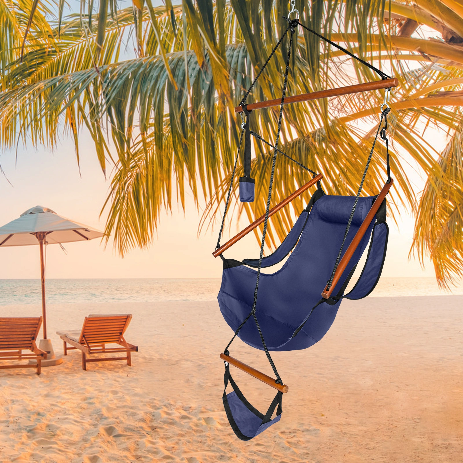 Oxford Cloth Hardwood With Cup Holder Wooden Stick Perforated 100kg Seaside Courtyard Oxford Cloth Hanging Chair Blue view 9