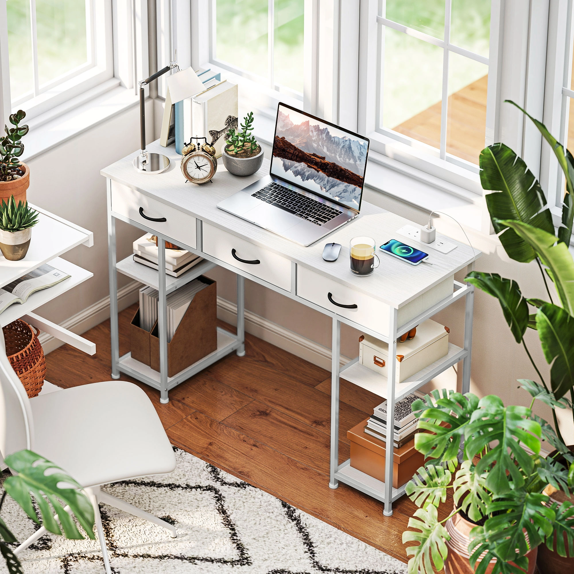 Computer Desk with Storage Shelves, 47 Inch Home Office Writing Desk with Power Outlet, Study Table