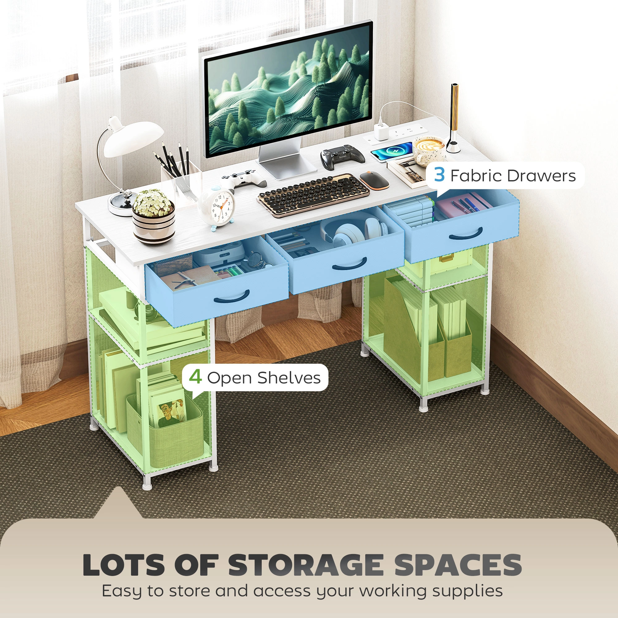 Computer Desk with Storage Shelves, 47 Inch Home Office Writing Desk with Power Outlet, Study Table view 2