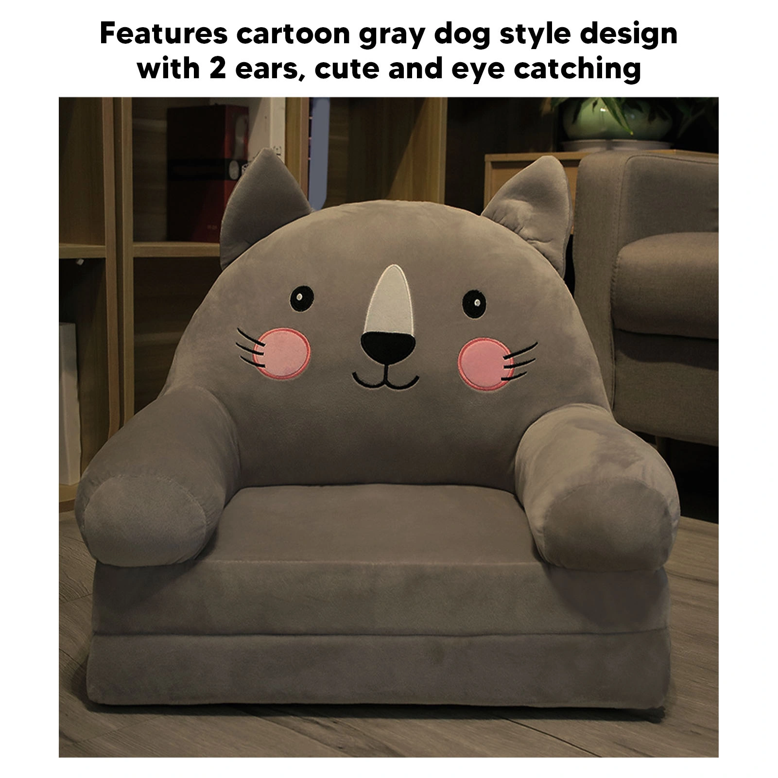 Toddler Sofa Chair, Gray Cartoon Foldable with Wide Handle, Stable Backrest Breathable Baby Seat for Bedroom, 2 Layers view 2