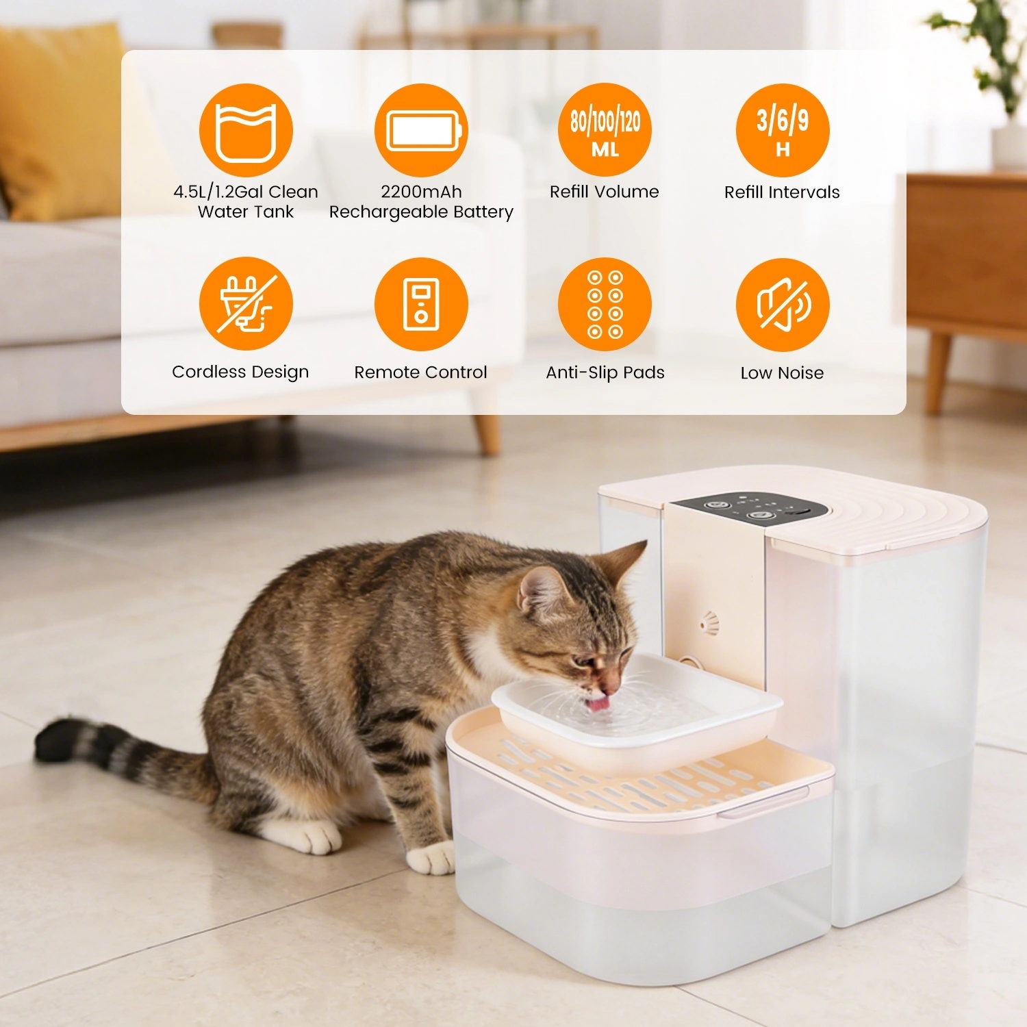Smart Automatic Pet Water Dispenser, Automatic Pet Water Dispenser with Dual Tank,Dual Tank Filtration 4.5L Cordless Water Fountain with Remote Control for Pets view 2