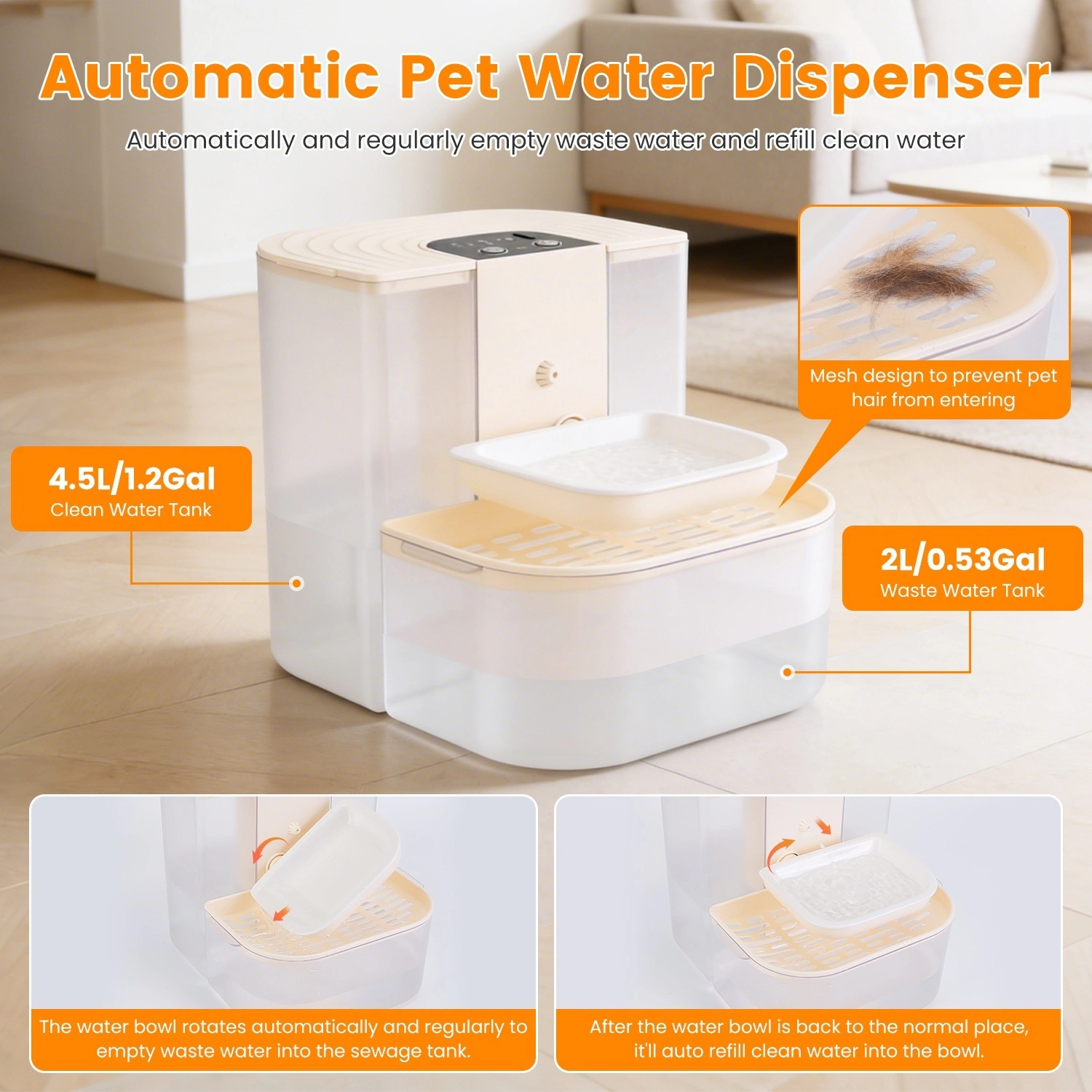 Smart Automatic Pet Water Dispenser, Automatic Pet Water Dispenser with Dual Tank,Dual Tank Filtration 4.5L Cordless Water Fountain with Remote Control for Pets view 5