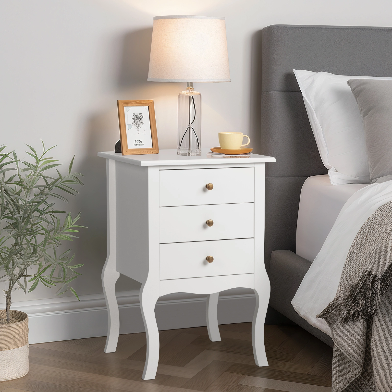 European Style Bedside Table with 3 Drawers - White Nightstand