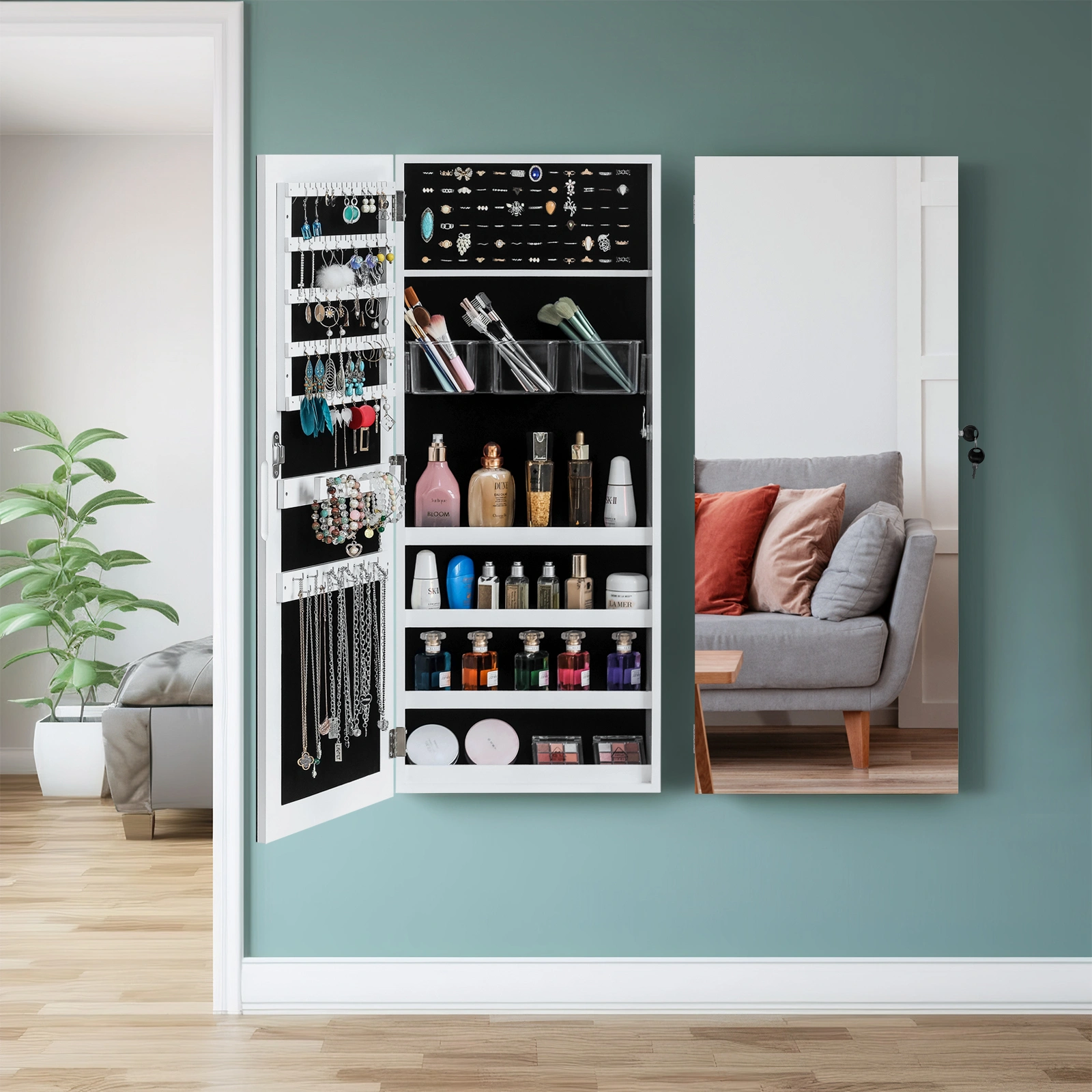 Full Surface PVC Film Wall Door Jewelry Cabinet with Lock, Fitting Mirror Cabinet Hanging view 2