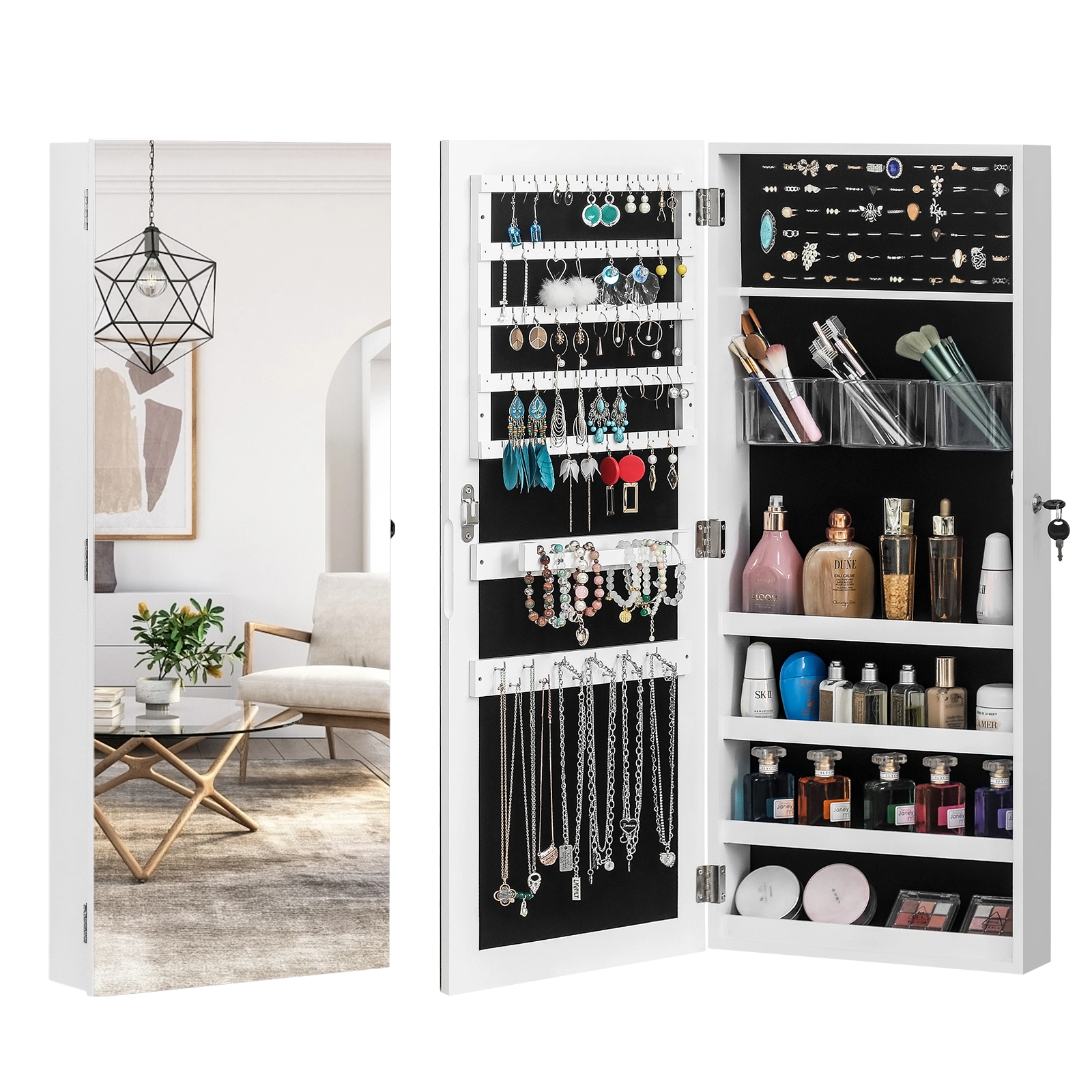 Full Surface PVC Film Wall Door Jewelry Cabinet with Lock, Fitting Mirror Cabinet Hanging view 3