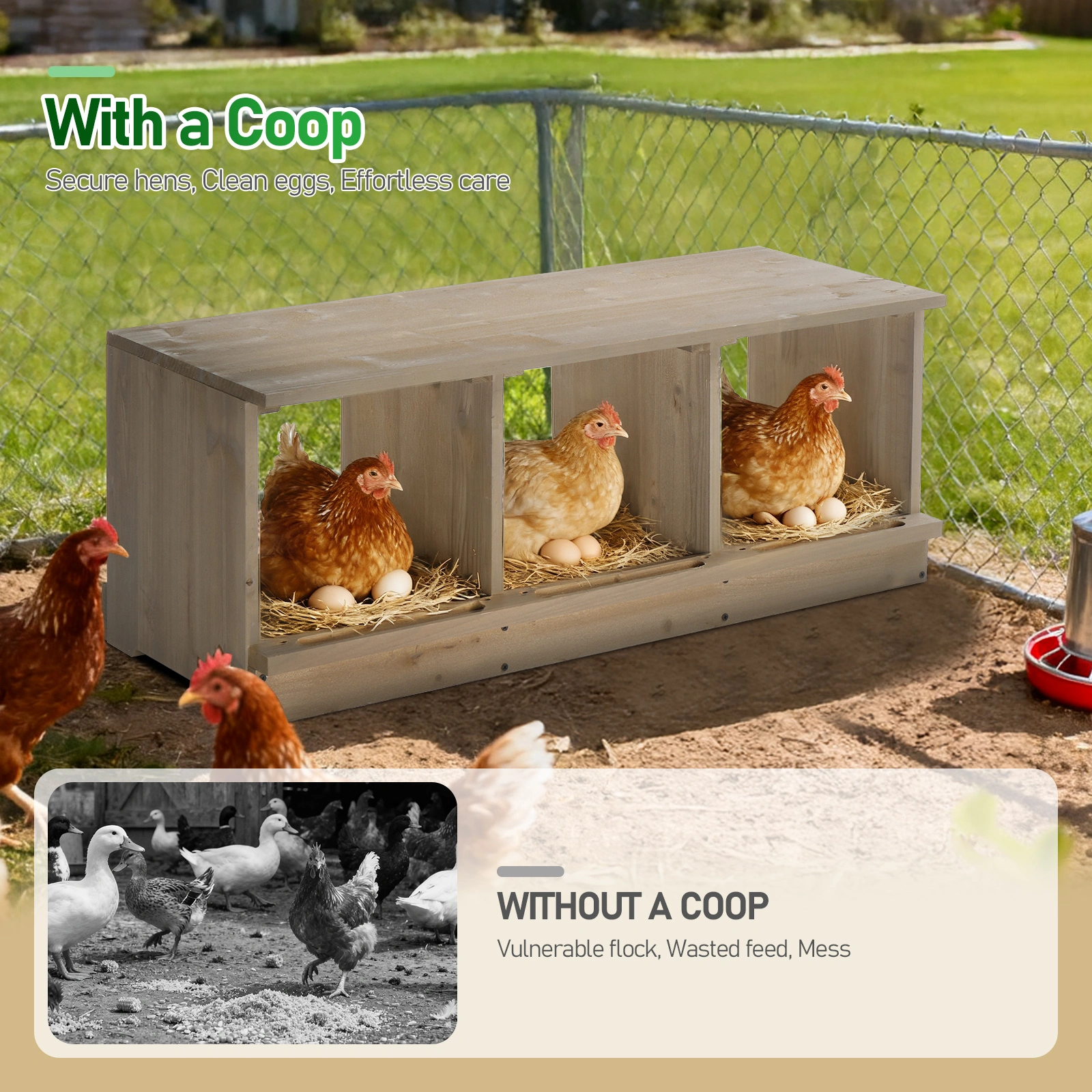 Nesting Boxes for Chickens, Wooden Chicken Nesting Box, Laying Eggs Nest Box for Chickens Hens Ducks, Gray, 3 Compartments view 11
