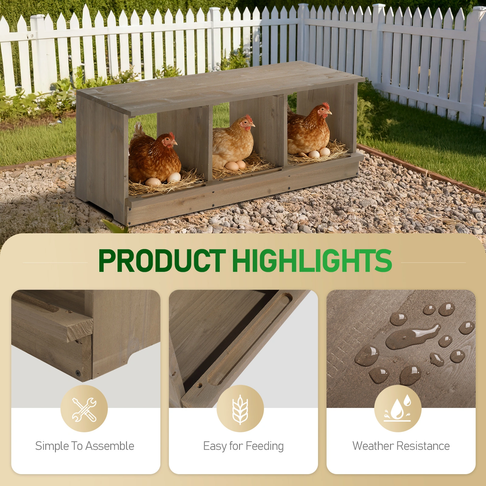 Nesting Boxes for Chickens, Wooden Chicken Nesting Box, Laying Eggs Nest Box for Chickens Hens Ducks, Gray, 3 Compartments view 9