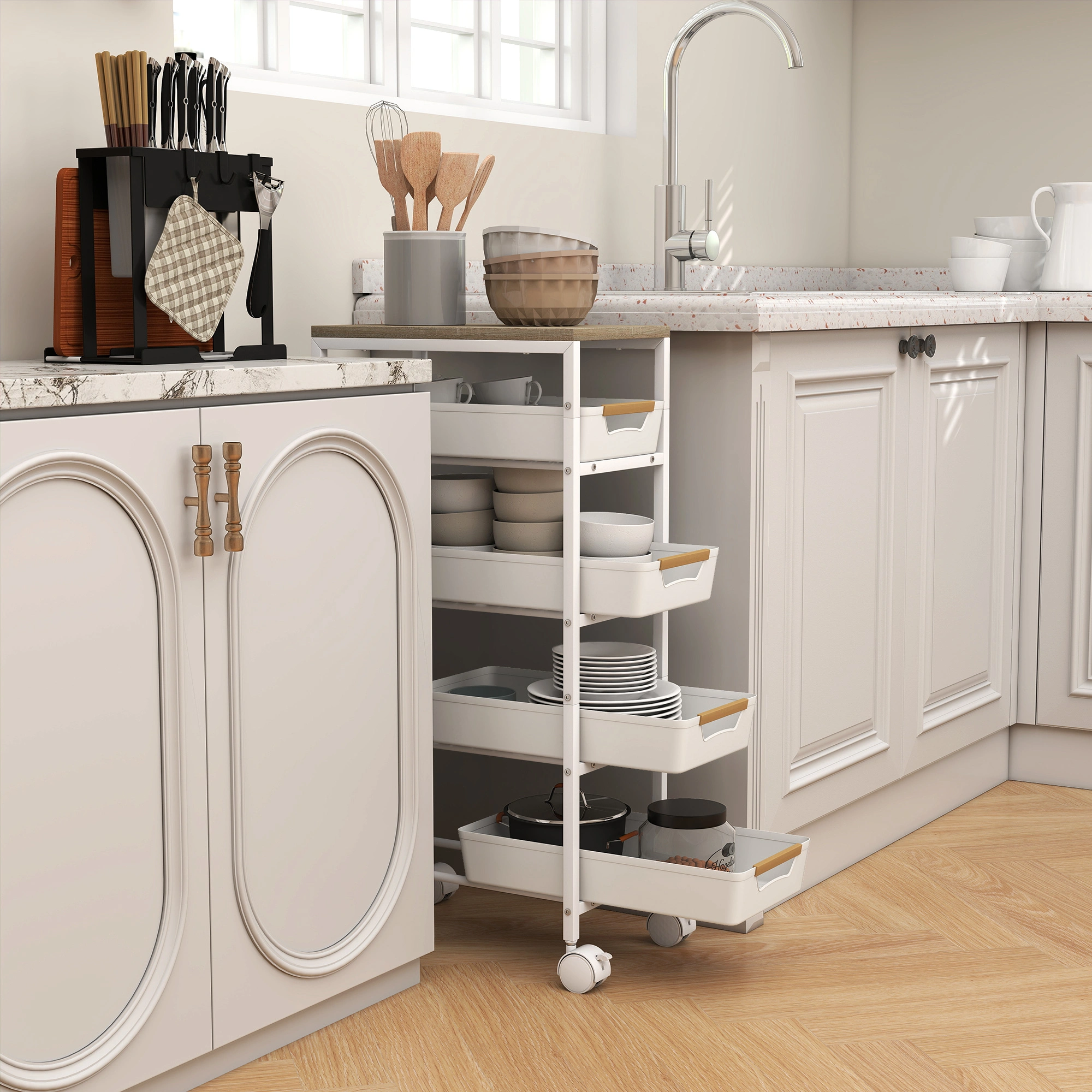 Multi-Layer Rolling Storage Trolley Cart with Wheels, Portable Organizer Shelf for Kitchen Bathroom Office view 2