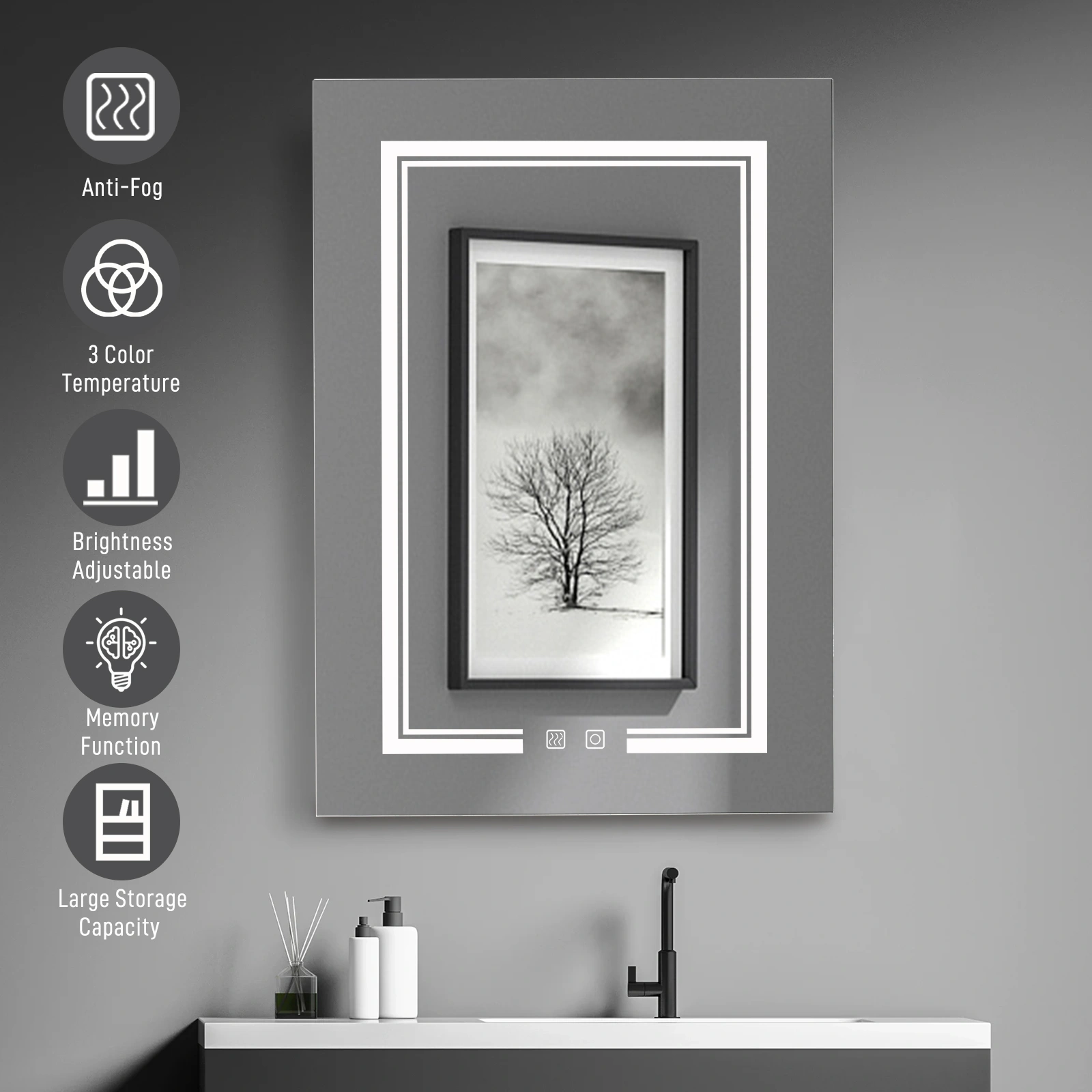 Black Bathroom Wall Cabinet 28x20 Inch, European Pine Wood with Anti-Fog Mirror, 3-Tone Adjustable LED Lighting, Power-Off Memory, 2 AC Plugs 2 USB Ports, 1 Door 2 Shelves view 3