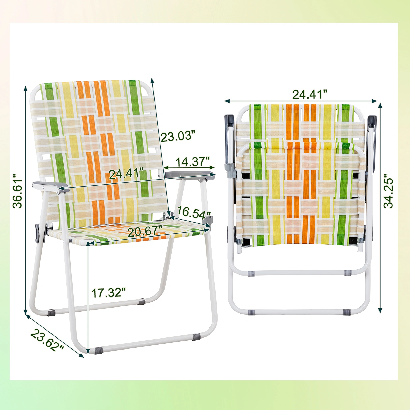 Set of 2 Webbed Folding Beach Chairs - Outdoor Portable Foldable Chairs for Camping, Fishing, Poolside, BBQ, Lawn & Patio - Yellow & Green view 11