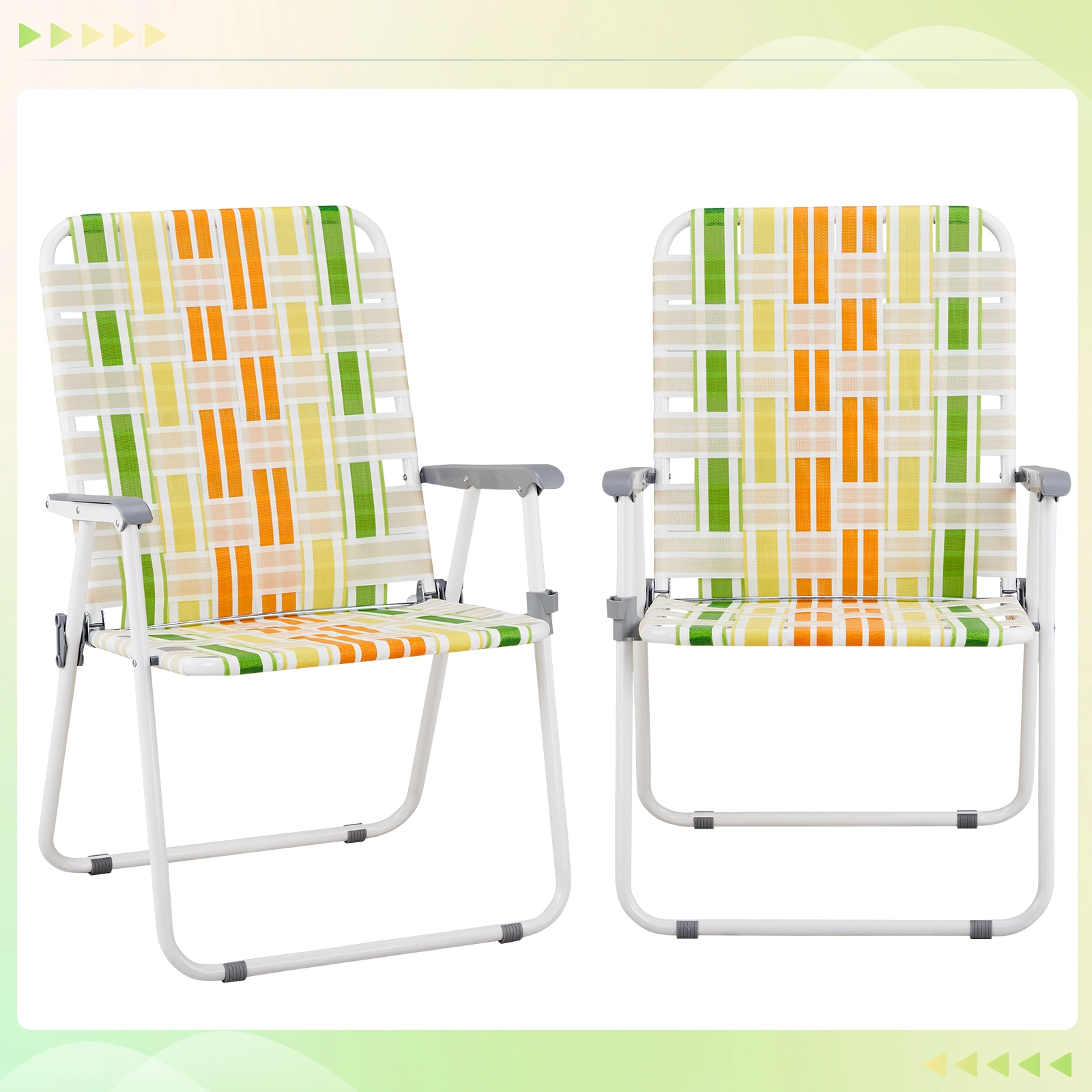 Set of 2 Webbed Folding Beach Chairs - Outdoor Portable Foldable Chairs for Camping, Fishing, Poolside, BBQ, Lawn & Patio - Yellow & Green view 15