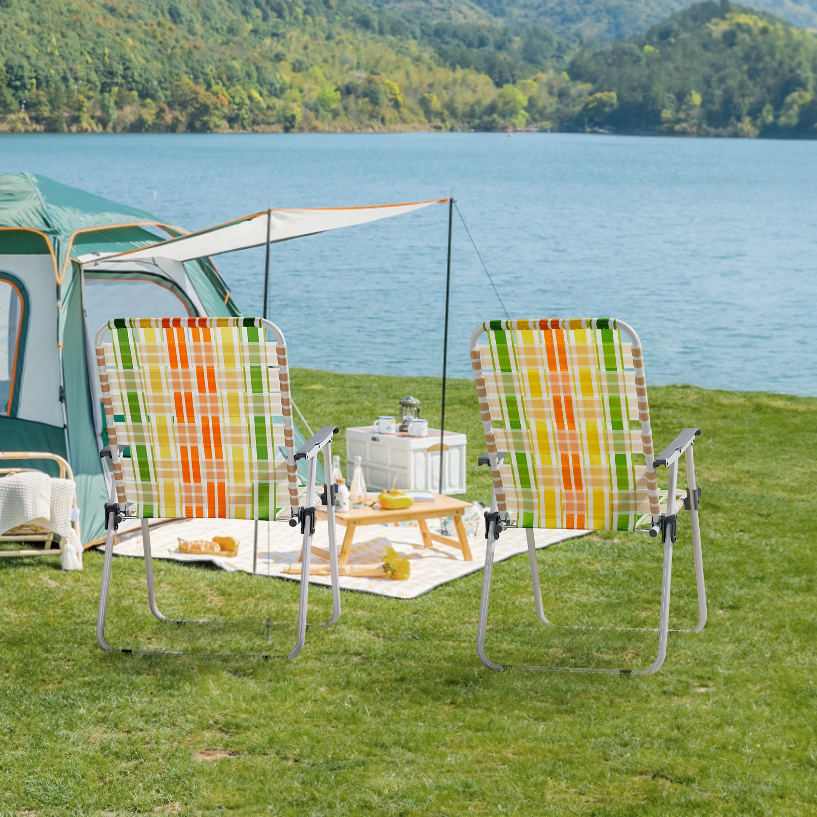 Set of 2 Webbed Folding Beach Chairs - Outdoor Portable Foldable Chairs for Camping, Fishing, Poolside, BBQ, Lawn & Patio - Yellow & Green view 17