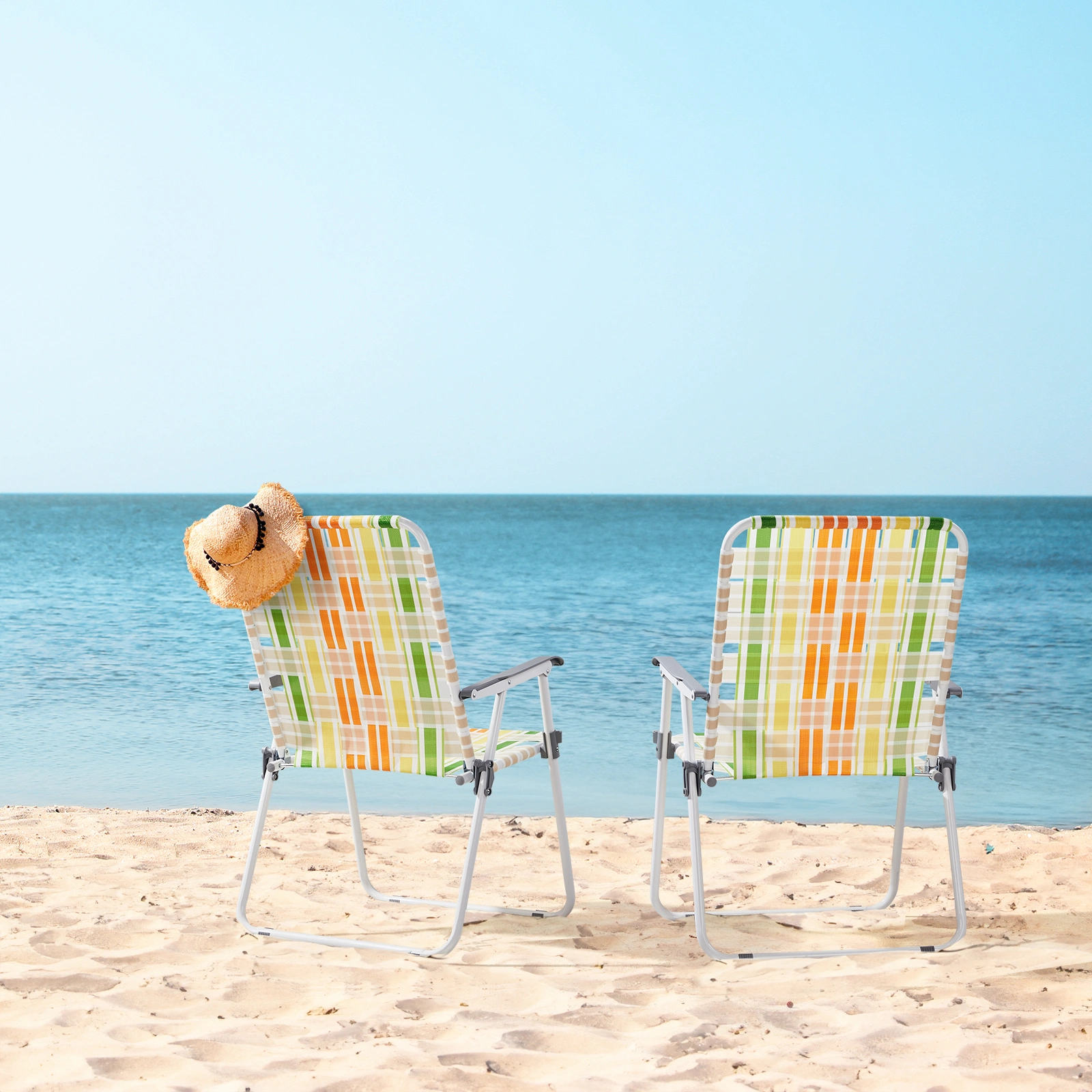 Set of 2 Webbed Folding Beach Chairs - Outdoor Portable Foldable Chairs for Camping, Fishing, Poolside, BBQ, Lawn & Patio - Yellow & Green view 2
