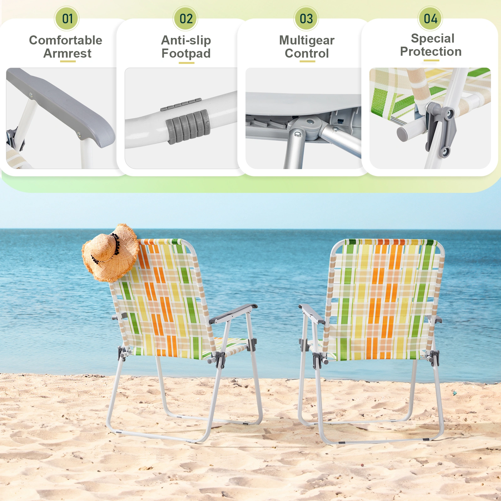 Set of 2 Webbed Folding Beach Chairs - Outdoor Portable Foldable Chairs for Camping, Fishing, Poolside, BBQ, Lawn & Patio - Yellow & Green view 3