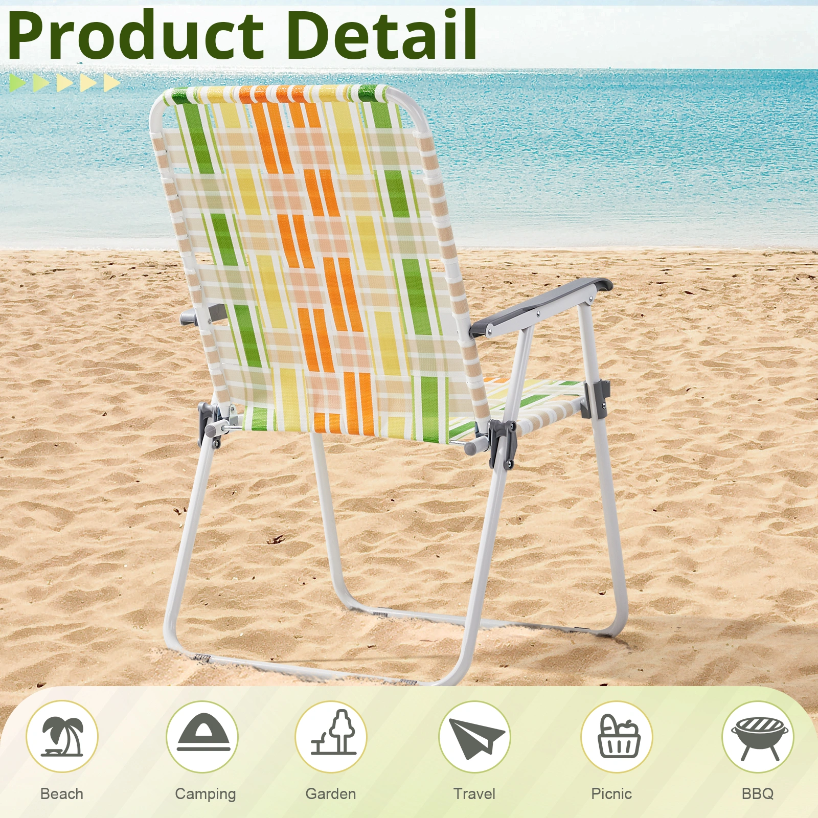 Set of 2 Webbed Folding Beach Chairs - Outdoor Portable Foldable Chairs for Camping, Fishing, Poolside, BBQ, Lawn & Patio - Yellow & Green view 4