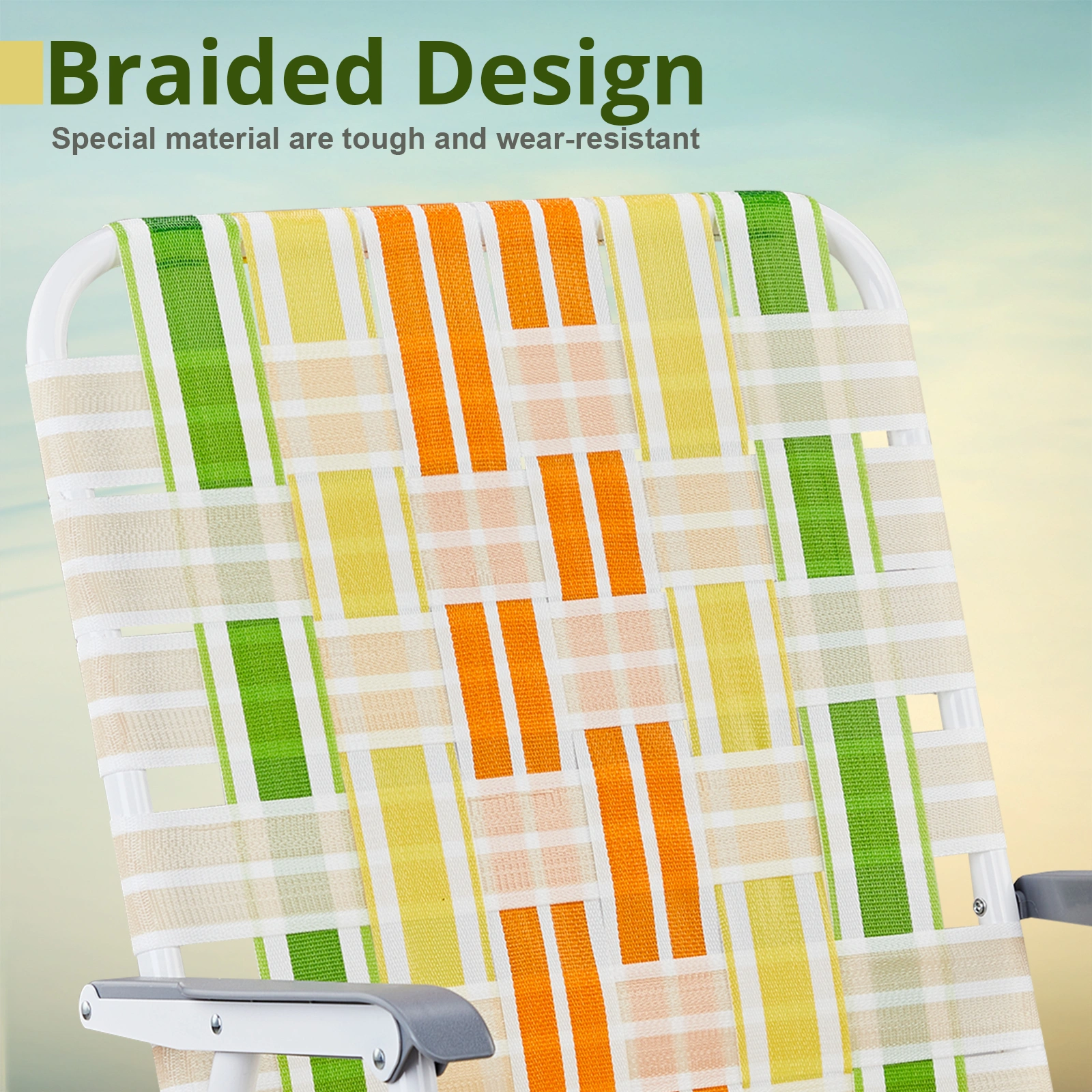 Set of 2 Webbed Folding Beach Chairs - Outdoor Portable Foldable Chairs for Camping, Fishing, Poolside, BBQ, Lawn & Patio - Yellow & Green view 5