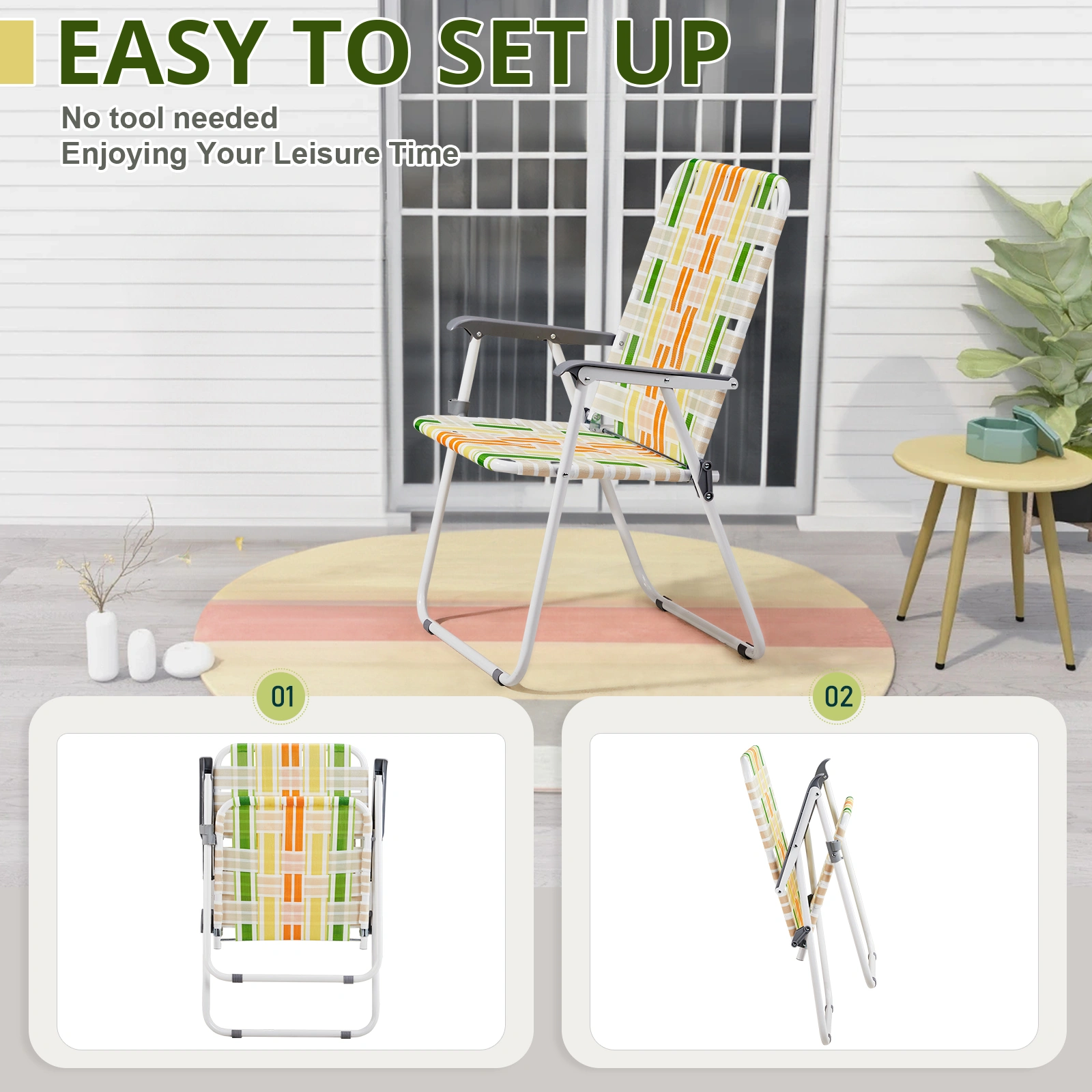 Set of 2 Webbed Folding Beach Chairs - Outdoor Portable Foldable Chairs for Camping, Fishing, Poolside, BBQ, Lawn & Patio - Yellow & Green view 6