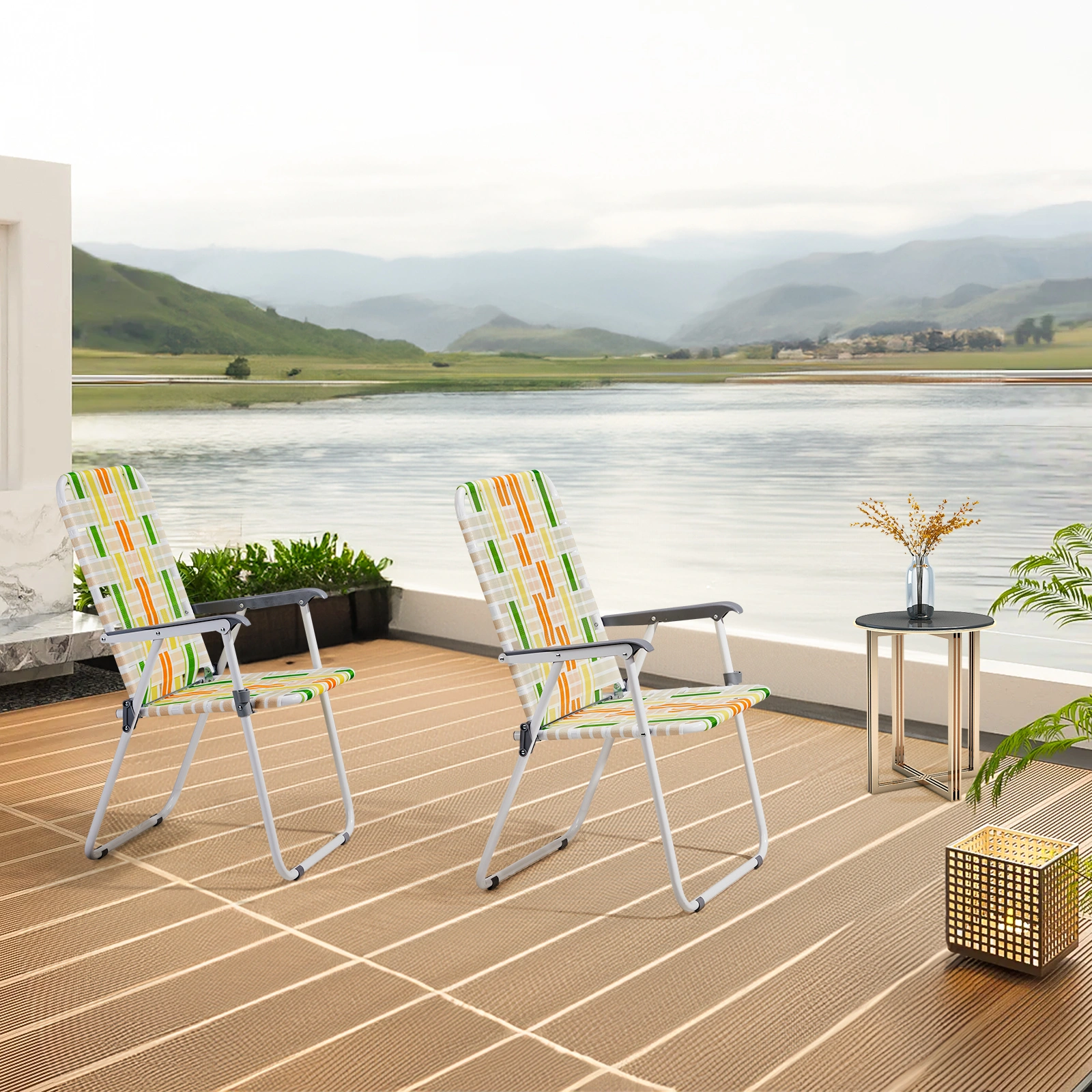 Set of 2 Webbed Folding Beach Chairs - Outdoor Portable Foldable Chairs for Camping, Fishing, Poolside, BBQ, Lawn & Patio - Yellow & Green view 7