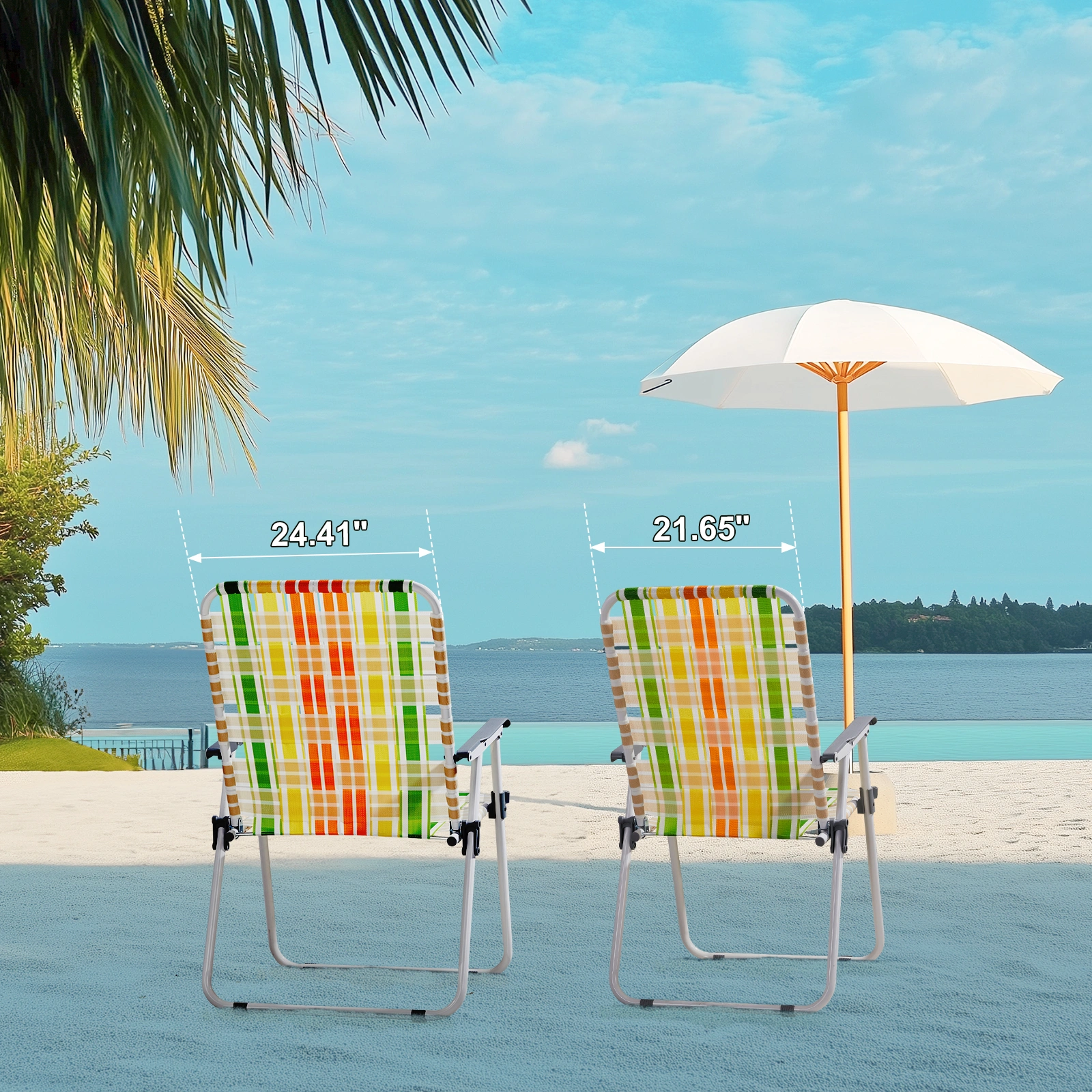 Set of 2 Webbed Folding Beach Chairs - Outdoor Portable Foldable Chairs for Camping, Fishing, Poolside, BBQ, Lawn & Patio - Yellow & Green view 8