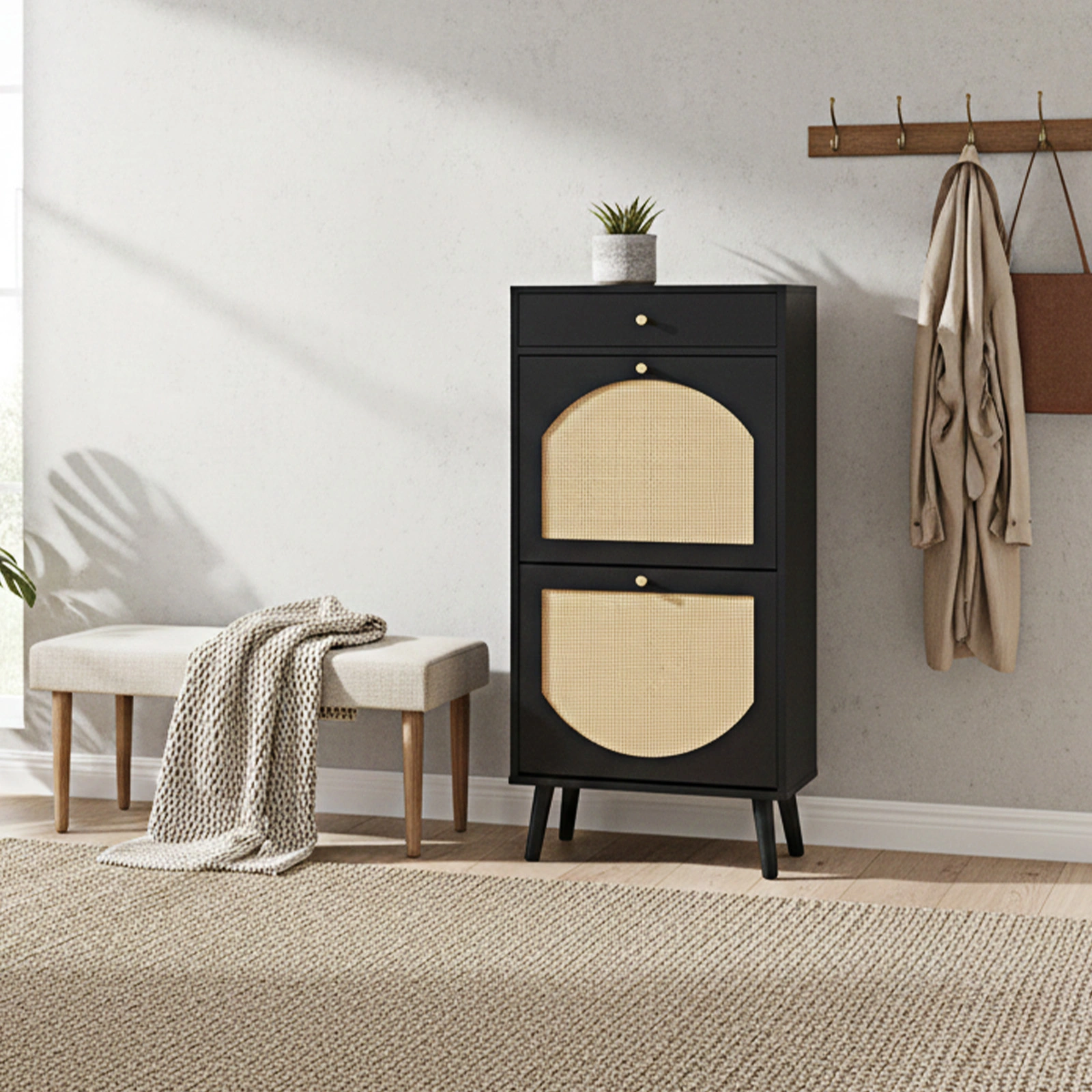 Rattan-front shoe cabinet with 1 drawer and 2 flip-down compartments, particleboard, 54*24*110cm, black view 10