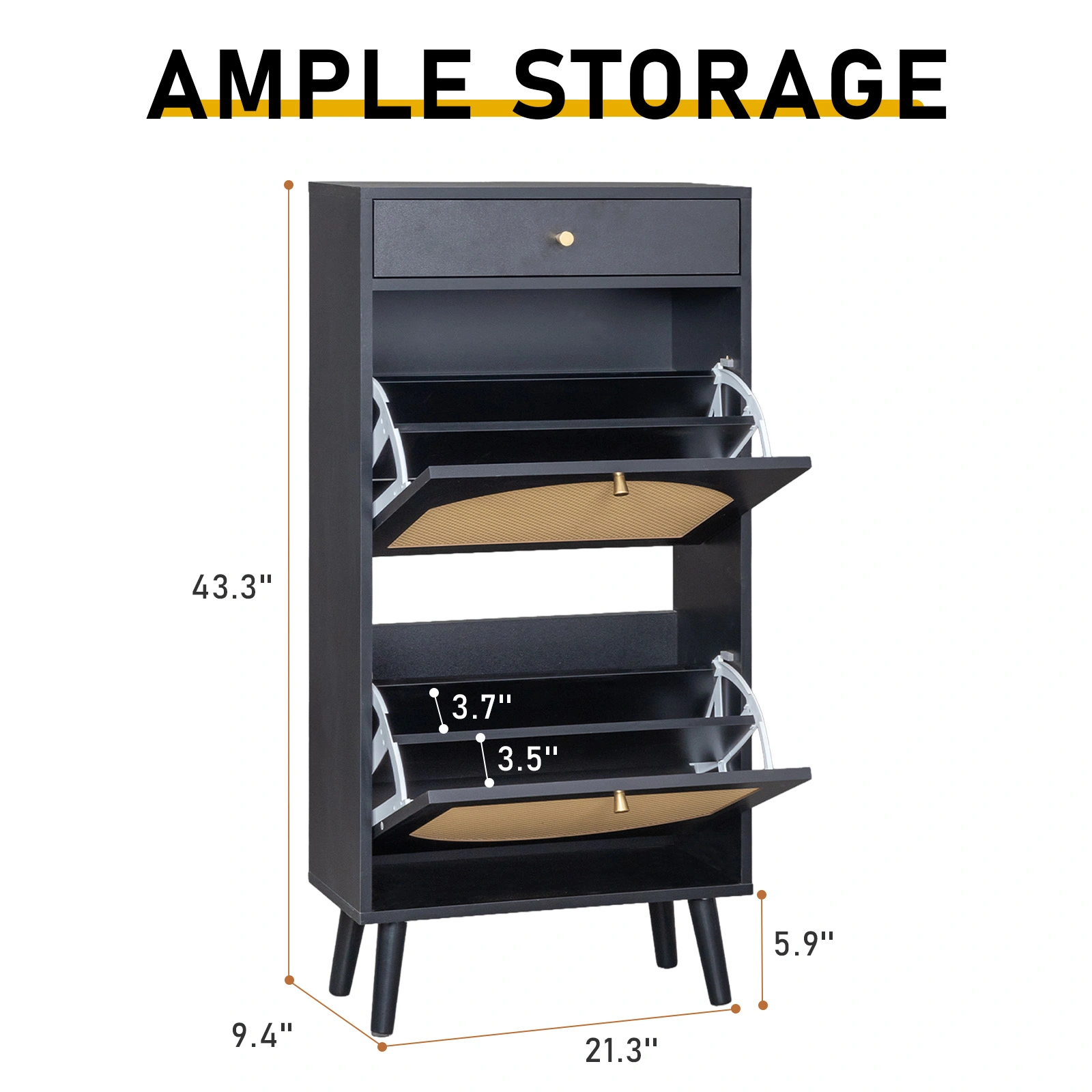 Rattan-front shoe cabinet with 1 drawer and 2 flip-down compartments, particleboard, 54*24*110cm, black view 11
