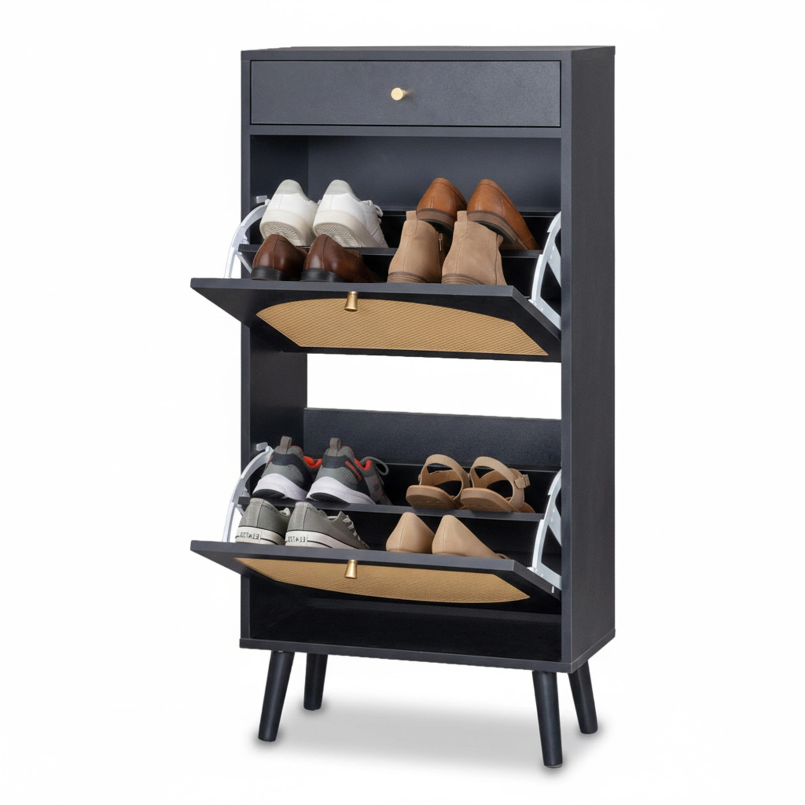 Rattan-front shoe cabinet with 1 drawer and 2 flip-down compartments, particleboard, 54*24*110cm, black view 12