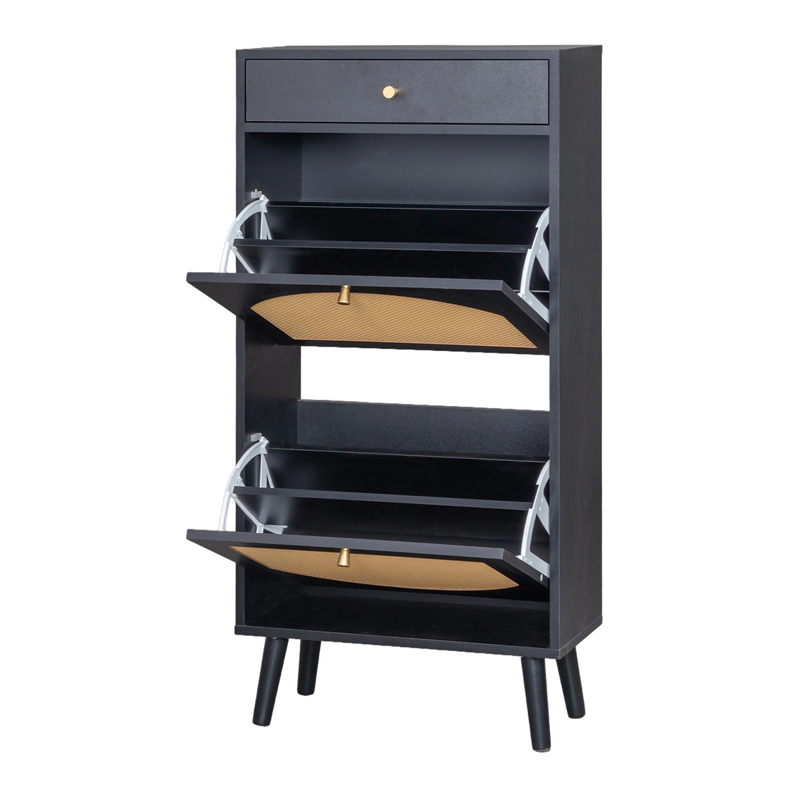 Rattan-front shoe cabinet with 1 drawer and 2 flip-down compartments, particleboard, 54*24*110cm, black view 3