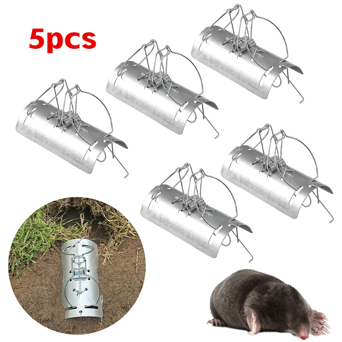 Pack of 5 Tunnel Mole Traps, Quick Kill Mole Repellent and Control, Heavy Duty Mole Traps for Garden Yard
