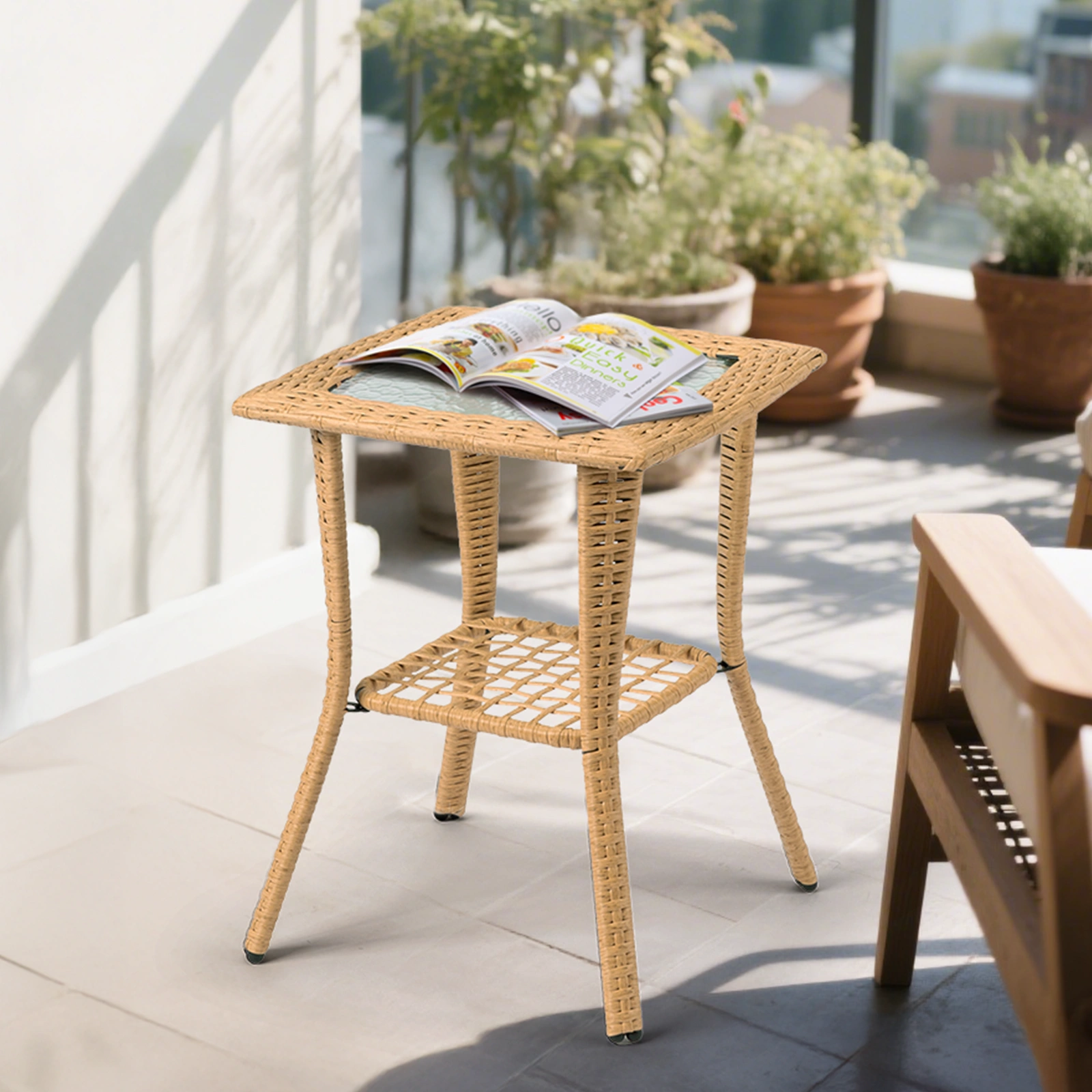 Outdoor Wicker Side Table, Rattan End Table with Glass Top, Patio Coffee Bistro Table for Indoor Garden Porch Balcony, Beige view 6