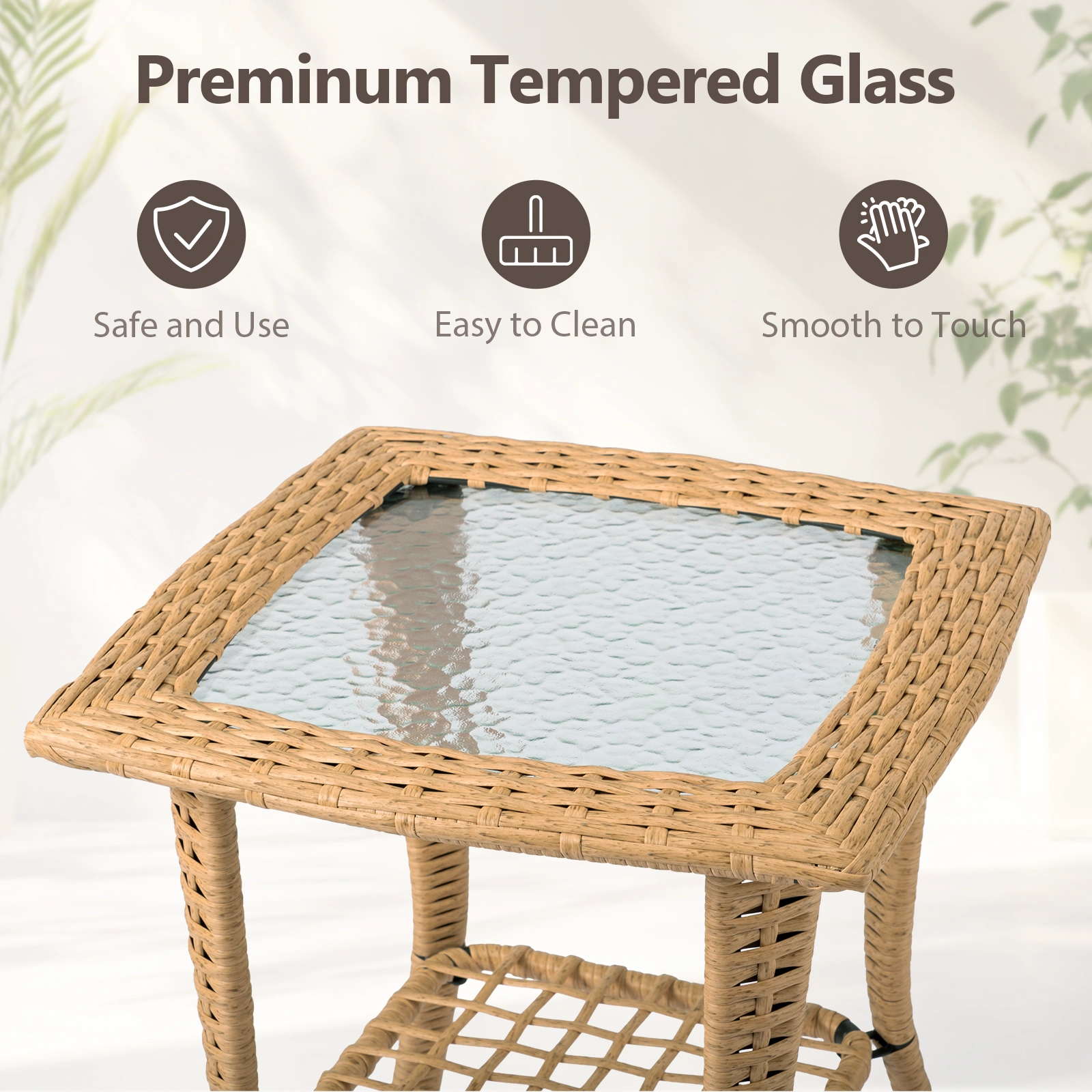 Outdoor Wicker Side Table, Rattan End Table with Glass Top, Patio Coffee Bistro Table for Indoor Garden Porch Balcony, Beige view 7
