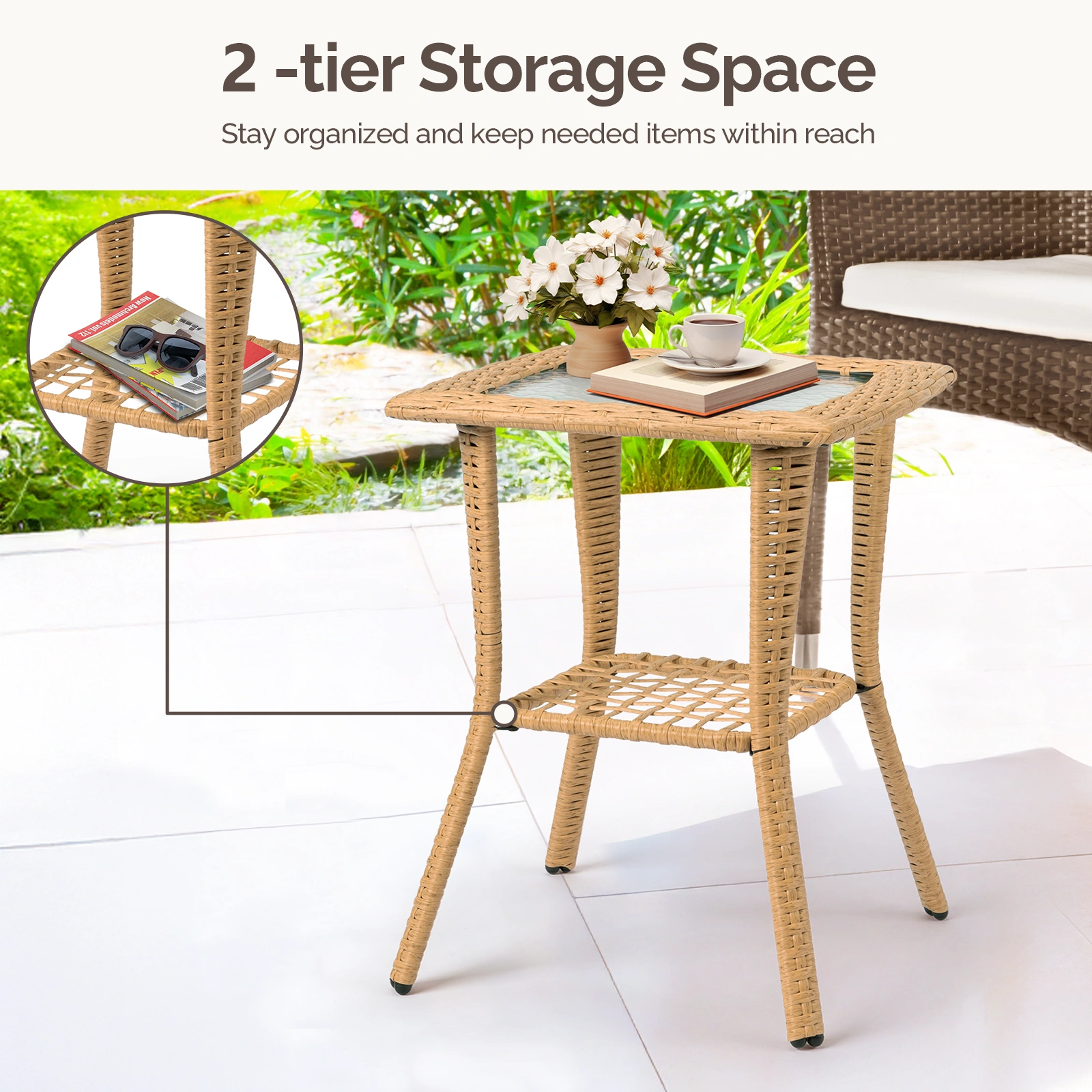 Outdoor Wicker Side Table, Rattan End Table with Glass Top, Patio Coffee Bistro Table for Indoor Garden Porch Balcony, Beige view 8