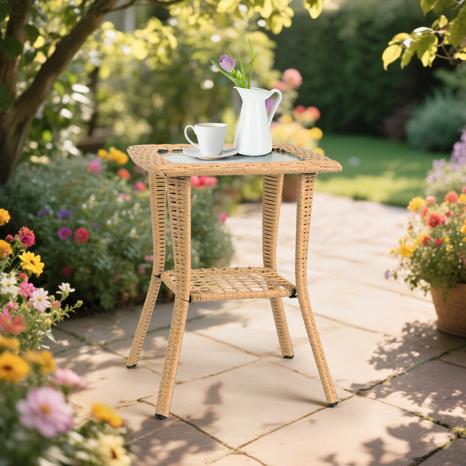 Outdoor Wicker Side Table, Rattan End Table with Glass Top, Patio Coffee Bistro Table for Indoor Garden Porch Balcony, Beige view 9