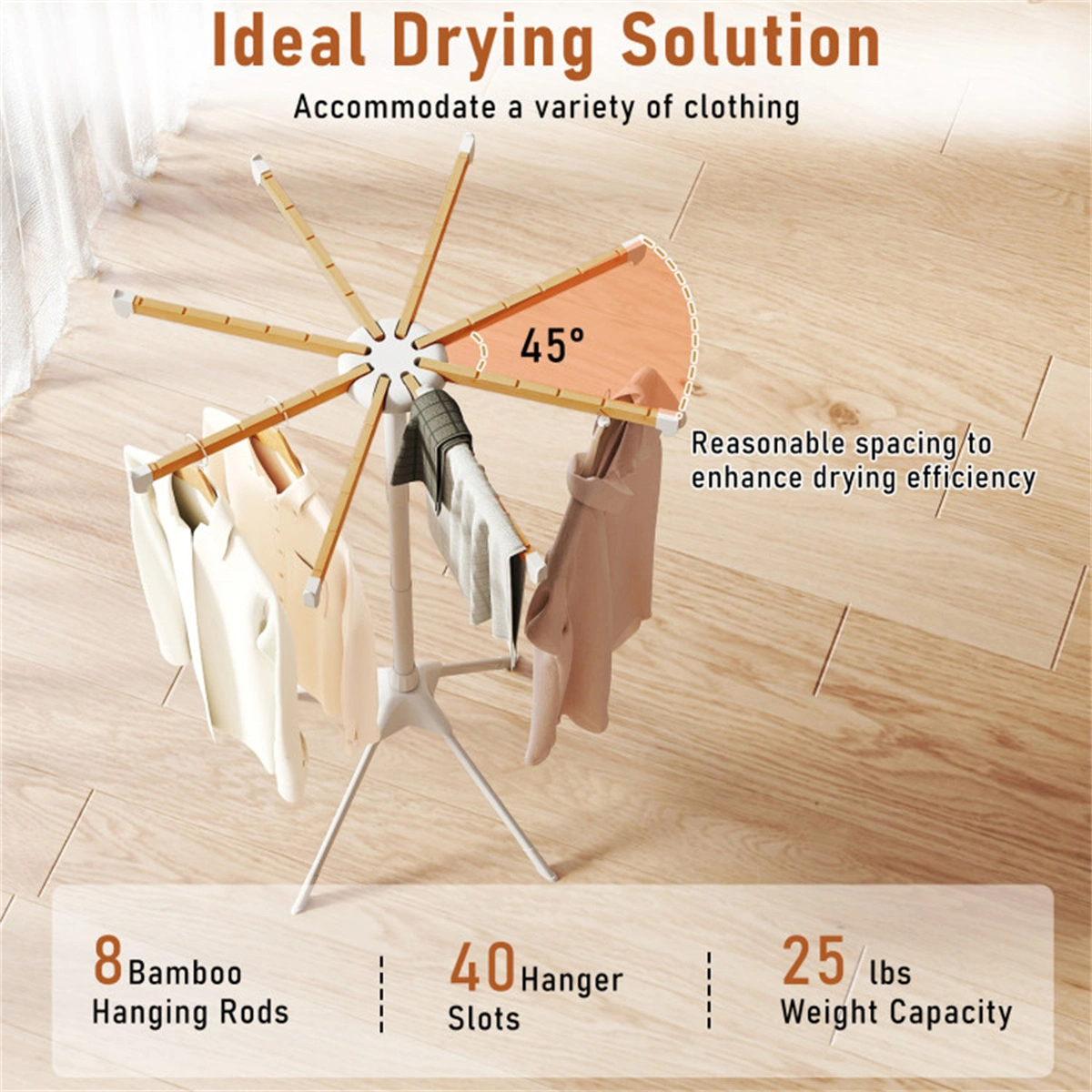 Foldable Bamboo Clothes Drying Rack with 40 Hanger Slots, Space Saving Laundry Drying Stand for Indoor Use view 10