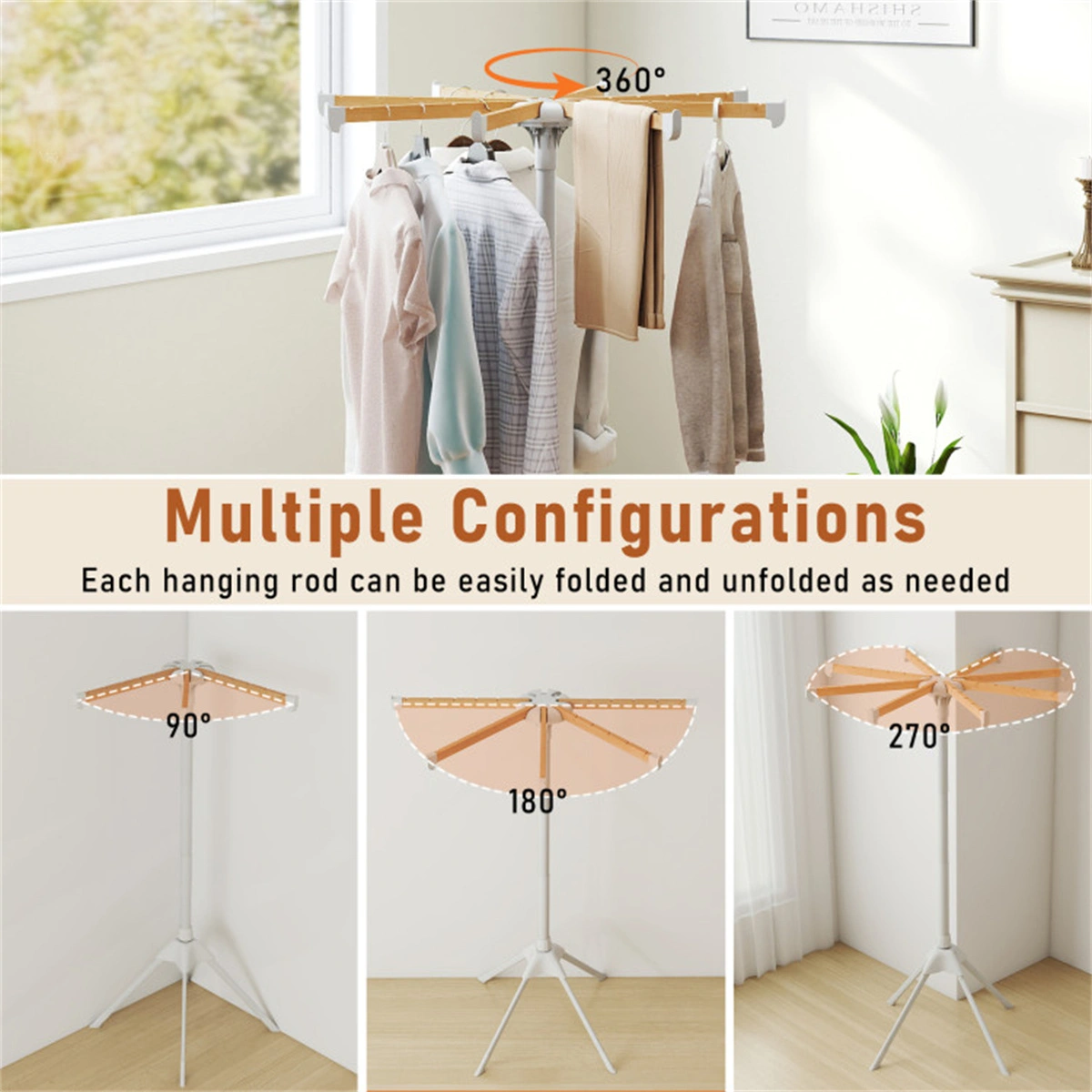 Foldable Bamboo Clothes Drying Rack with 40 Hanger Slots, Space Saving Laundry Drying Stand for Indoor Use view 8