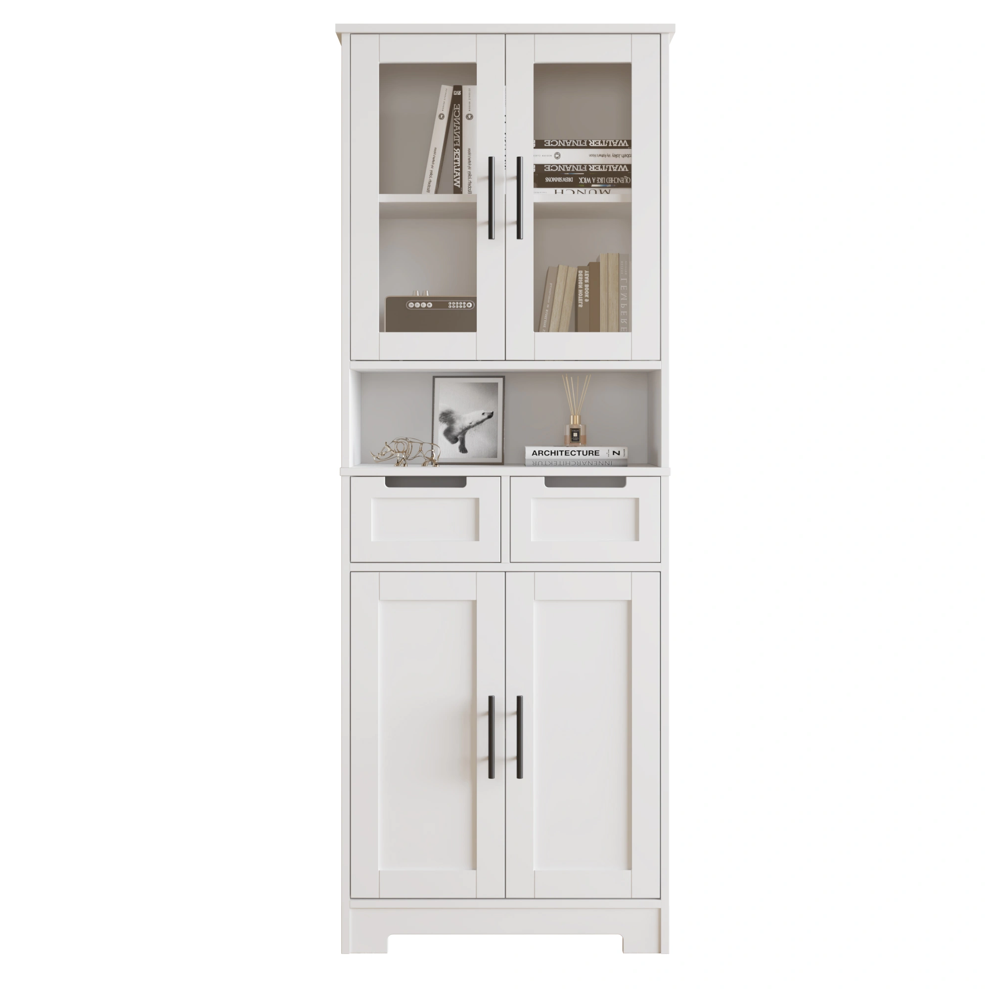 Tall Cabinet Sideboard with 4 Doors, 2 Drawers & Storage Compartment, MDF Painted, White view 2