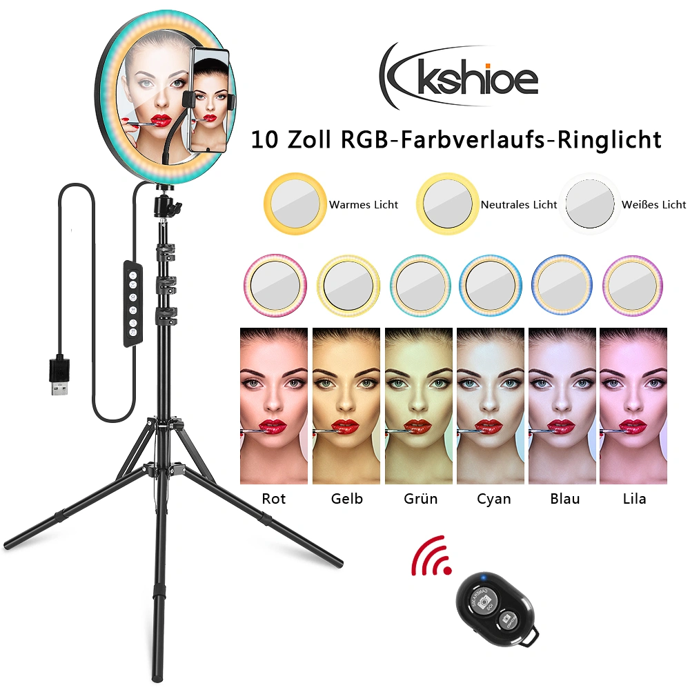 10 Inch RGB Ring Light with Beauty Mirror & Tripod Stand, EU Plug, Dimmable LED for Photography, Video, Makeup view 2