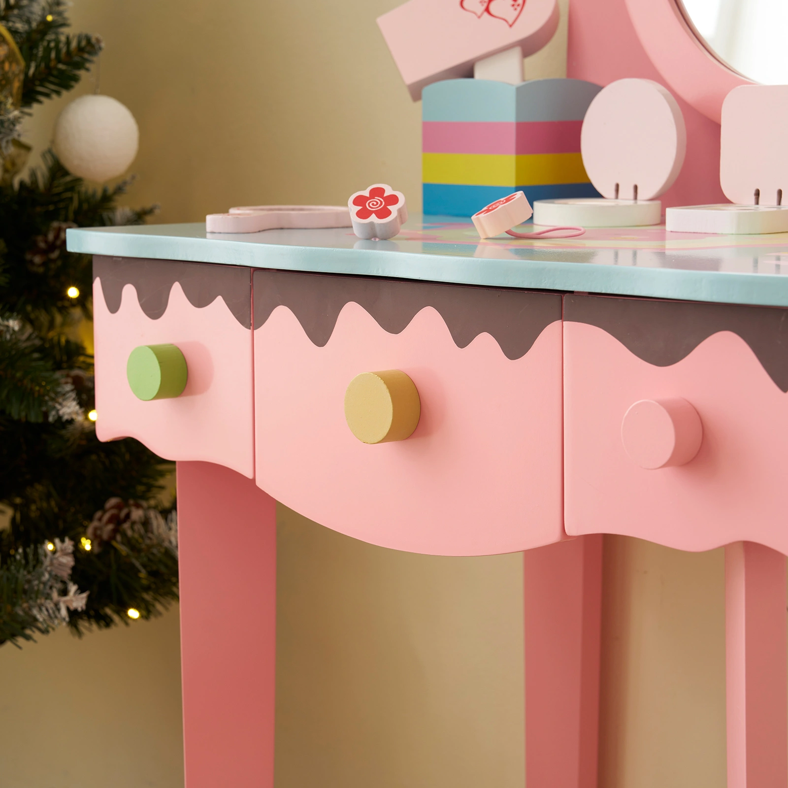 Kids Vanity Table and Chair Set with 7pcs Pretend Play Makeup Toys, Girls Vanity with Mirror & Stool, 3 Drawers & Tabletop Storage, Princess Table for Toddlers, Pink view 10