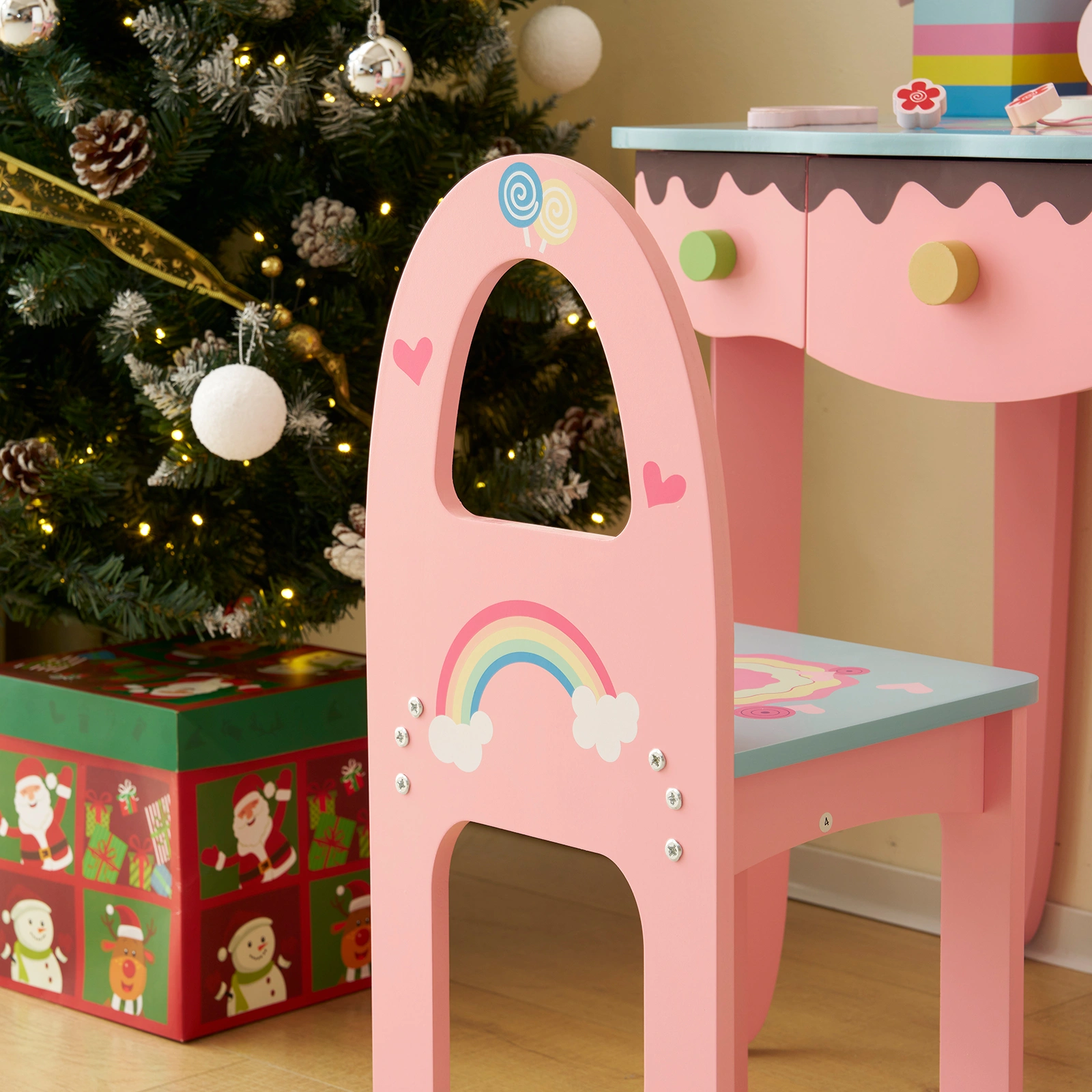 Kids Vanity Table and Chair Set with 7pcs Pretend Play Makeup Toys, Girls Vanity with Mirror & Stool, 3 Drawers & Tabletop Storage, Princess Table for Toddlers, Pink view 12