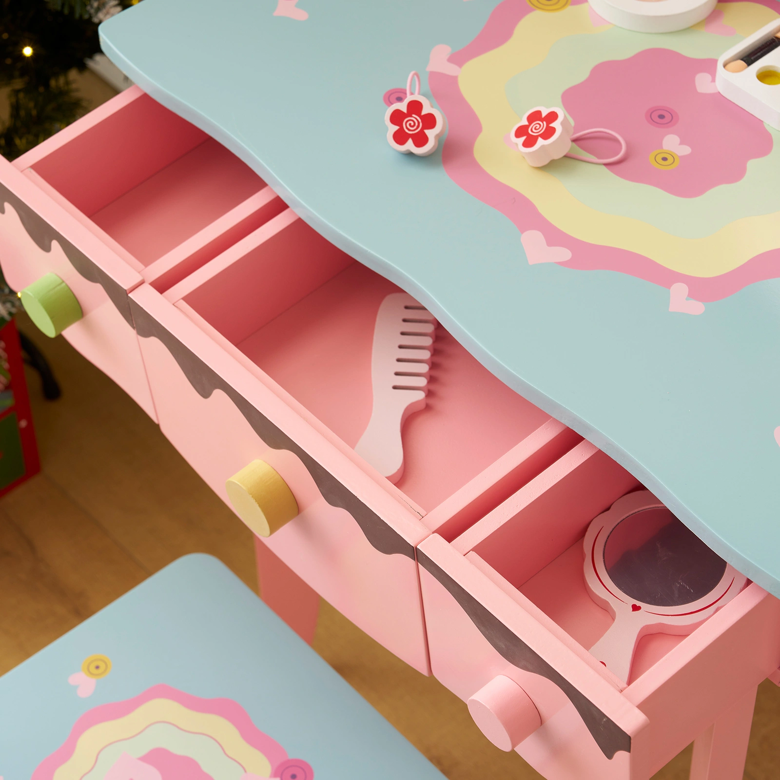 Kids Vanity Table and Chair Set with 7pcs Pretend Play Makeup Toys, Girls Vanity with Mirror & Stool, 3 Drawers & Tabletop Storage, Princess Table for Toddlers, Pink view 13