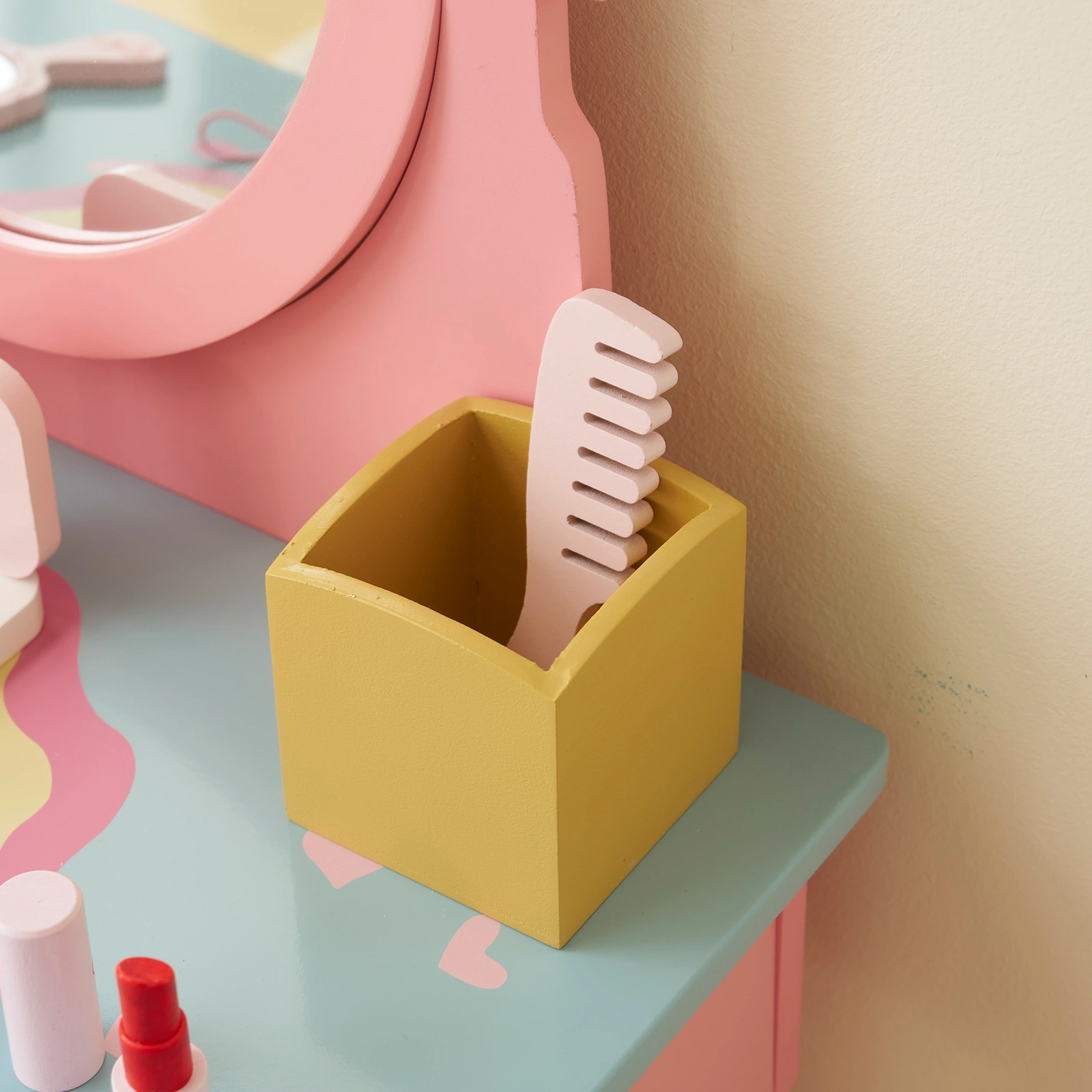 Kids Vanity Table and Chair Set with 7pcs Pretend Play Makeup Toys, Girls Vanity with Mirror & Stool, 3 Drawers & Tabletop Storage, Princess Table for Toddlers, Pink view 7