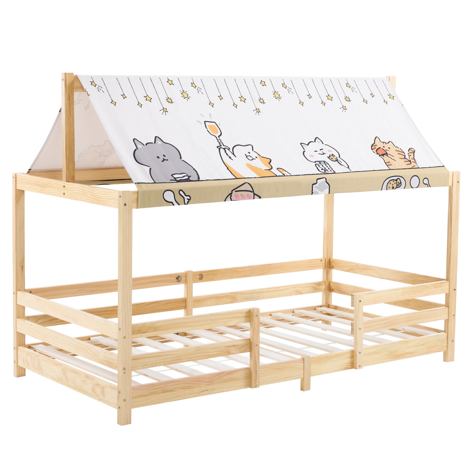 Kids Wooden Bed Frame with Canopy Roof, Pine Wood Children's Bed, 205x95x141cm, Natural Finish with Fabric Canopy
