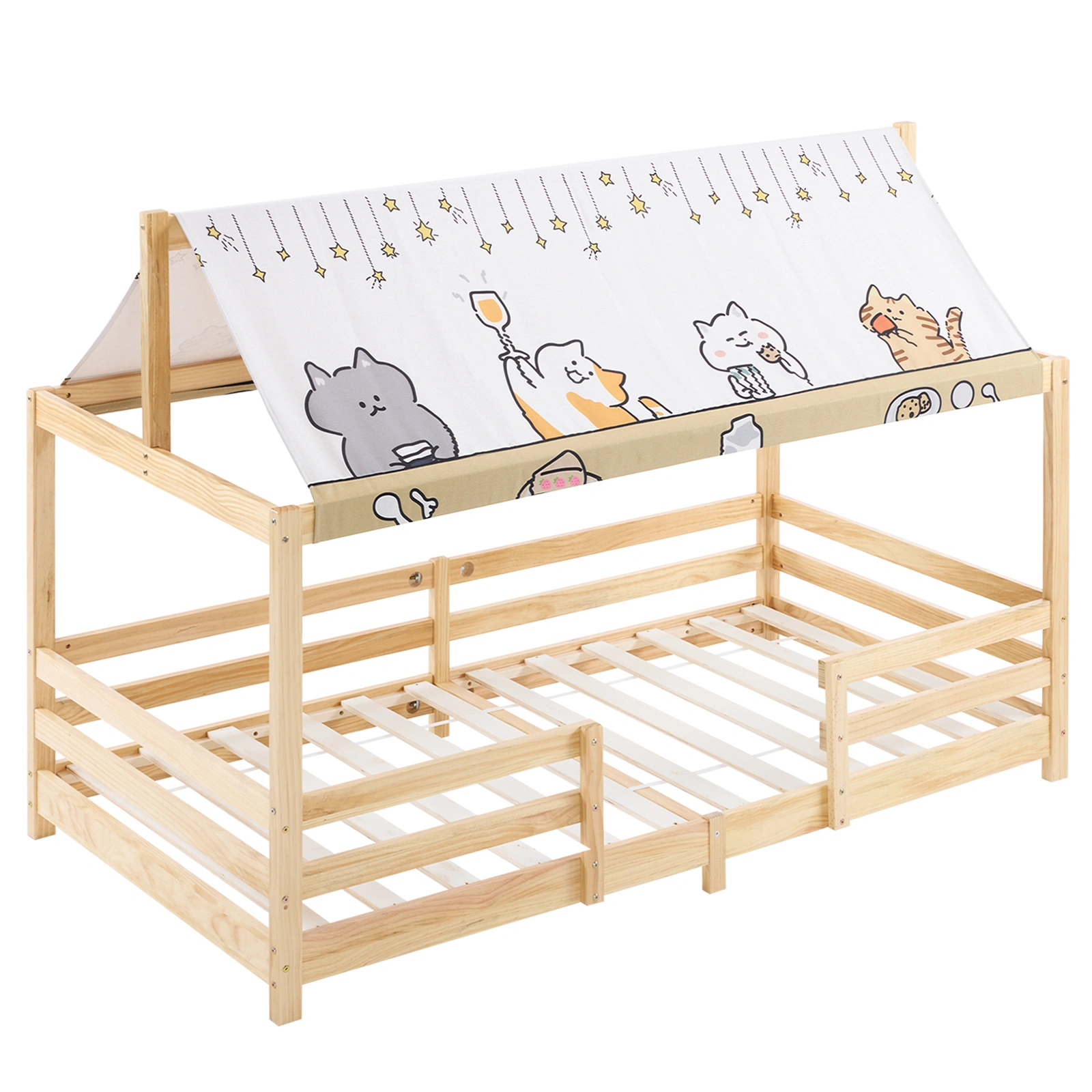 Kids Wooden Bed Frame with Canopy Roof, Pine Wood Children's Bed, 205x95x141cm, Natural Finish with Fabric Canopy view 2