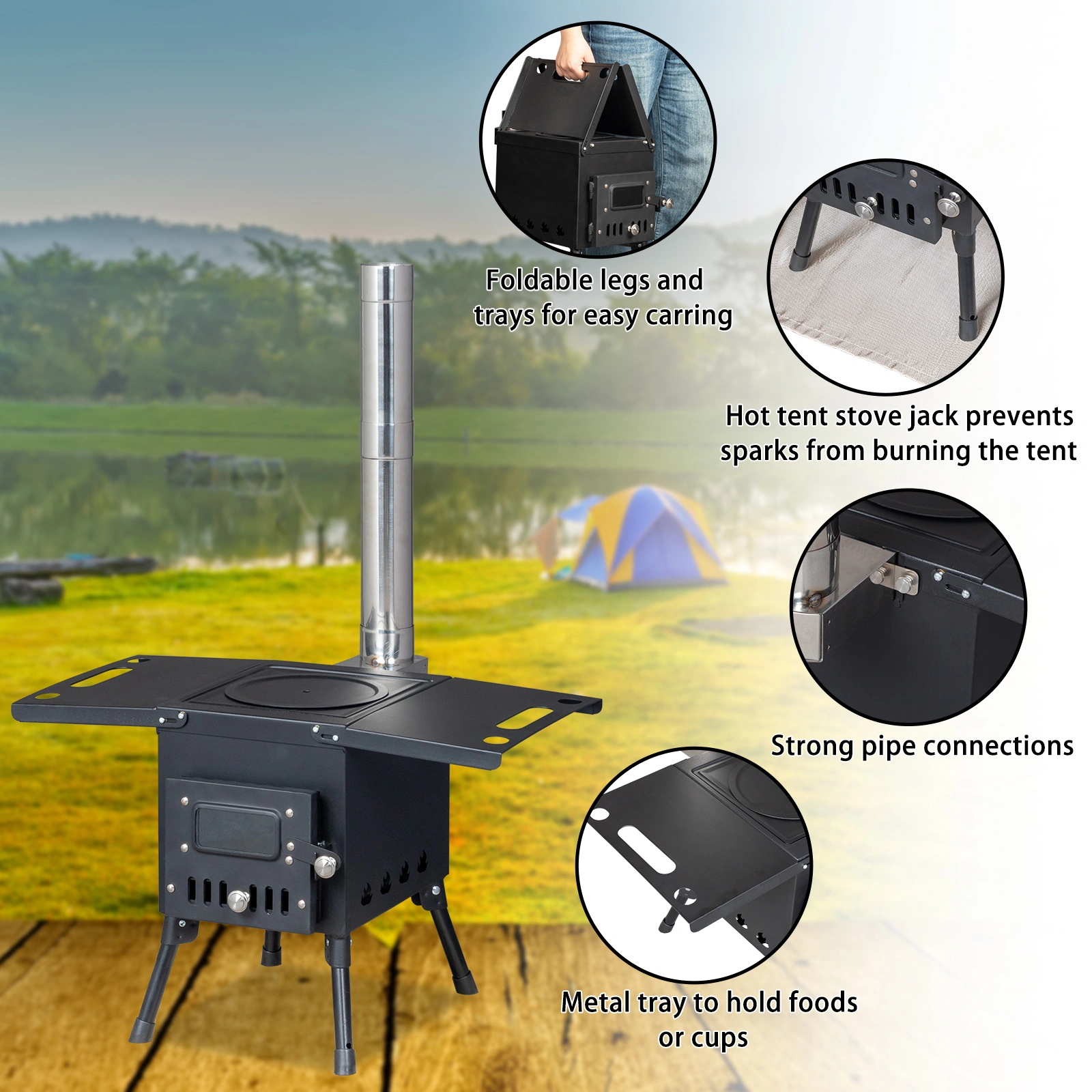Wood Camping Stove - Portable Outdoor Stove, Black, 57.5*31*37cm view 10