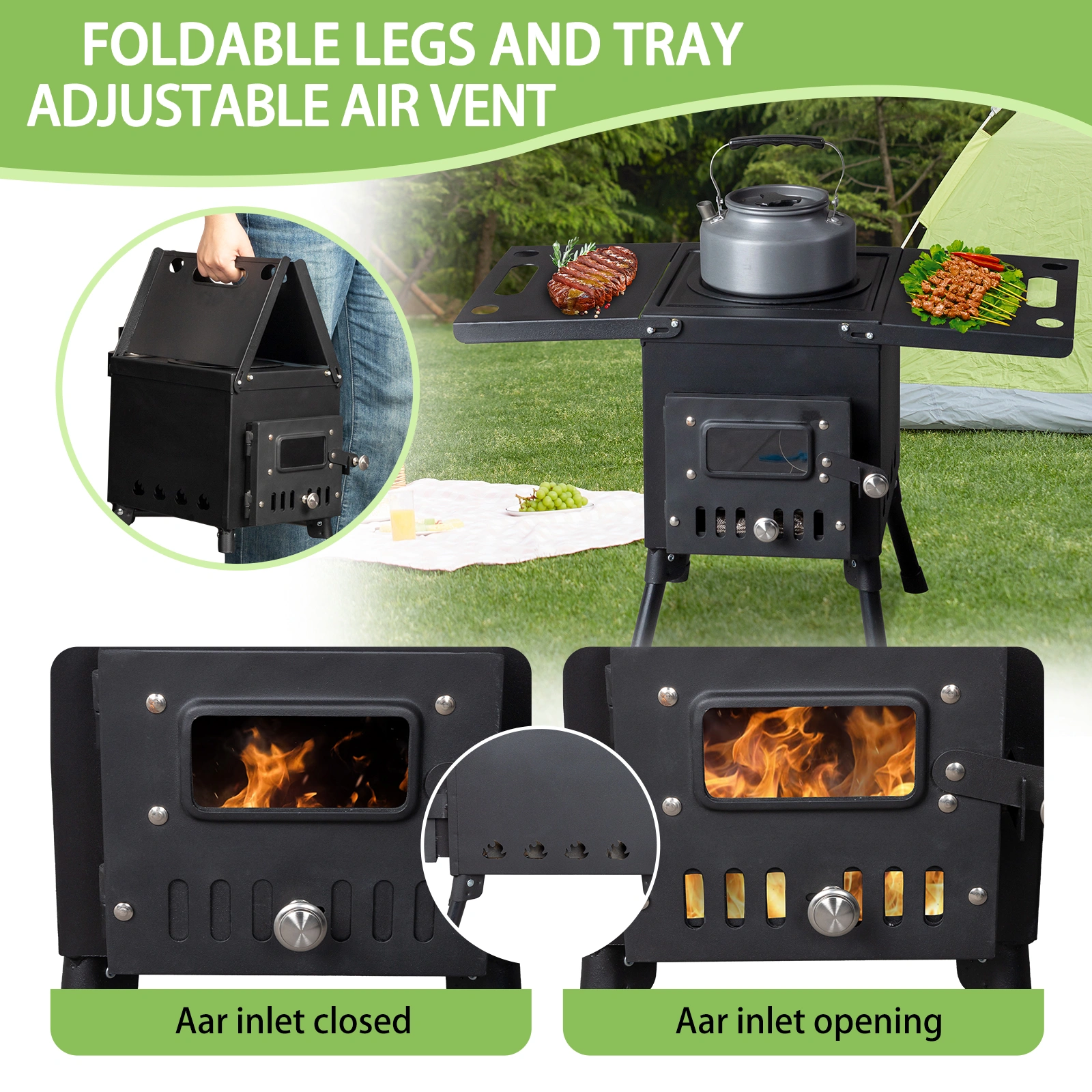 Wood Camping Stove - Portable Outdoor Stove, Black, 57.5*31*37cm view 13