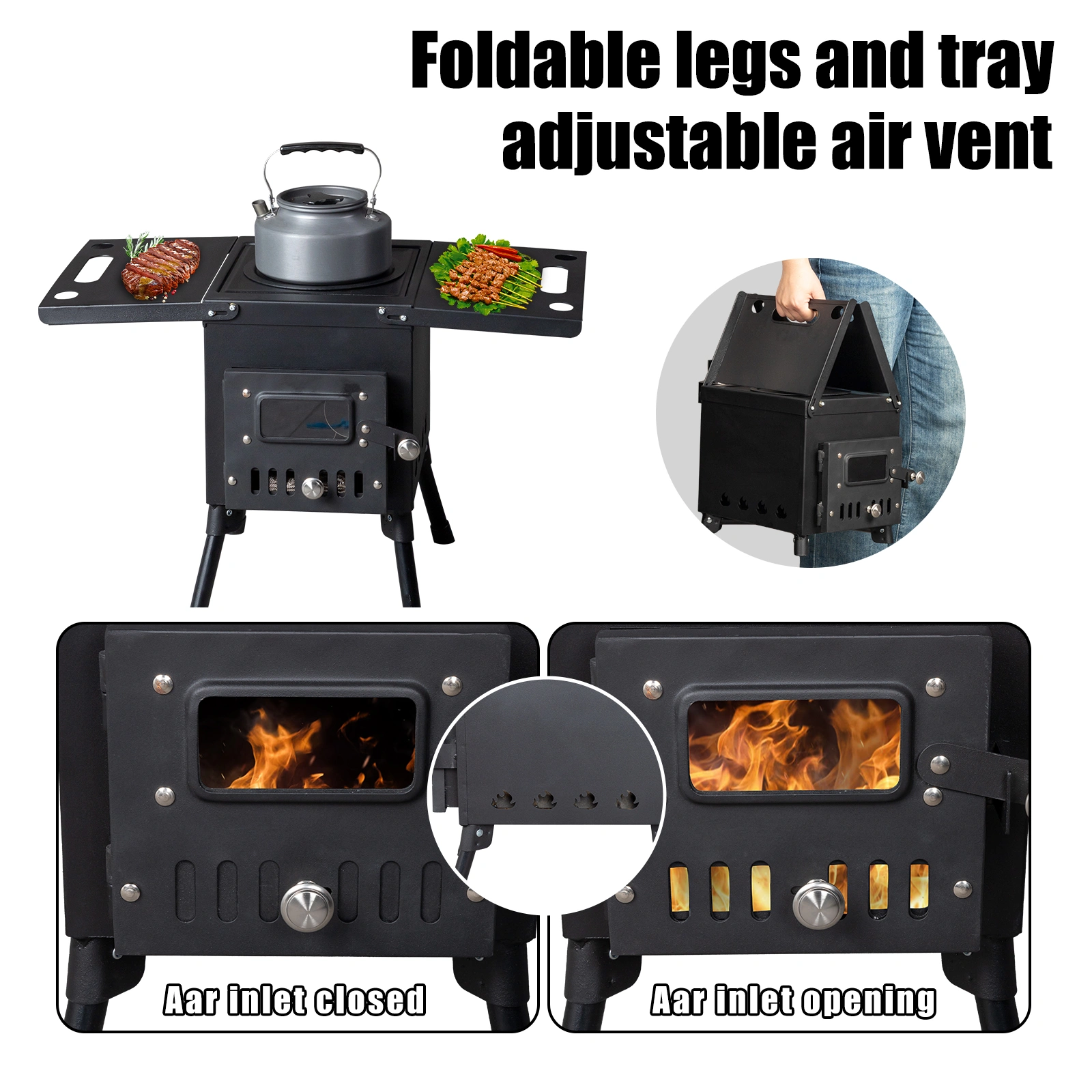 Wood Camping Stove - Portable Outdoor Stove, Black, 57.5*31*37cm view 8