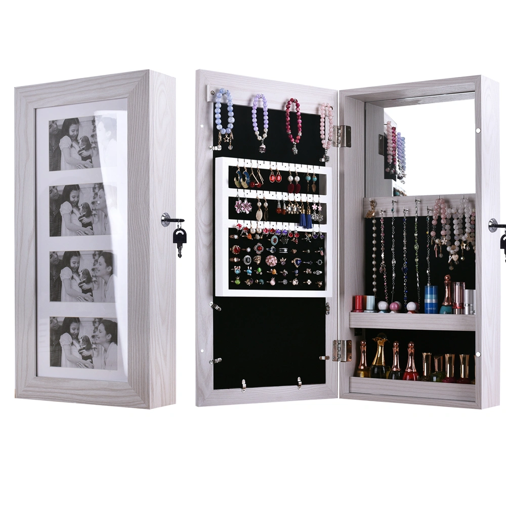 White PVC Wood Grain Photo Jewelry Mirror Cabinet, Damp-Proof Storage with Mirror, 2-Drawer, 4-Layer, Floor-Standing