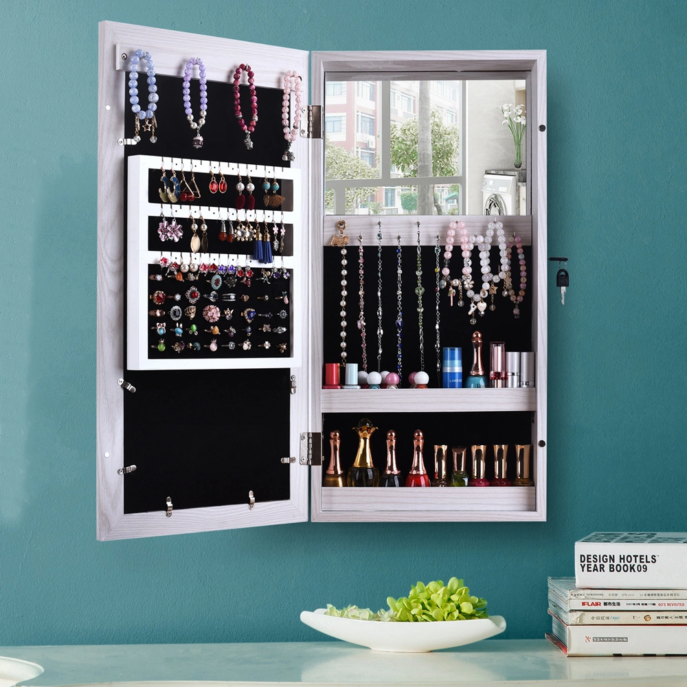 White PVC Wood Grain Photo Jewelry Mirror Cabinet, Damp-Proof Storage with Mirror, 2-Drawer, 4-Layer, Floor-Standing view 3