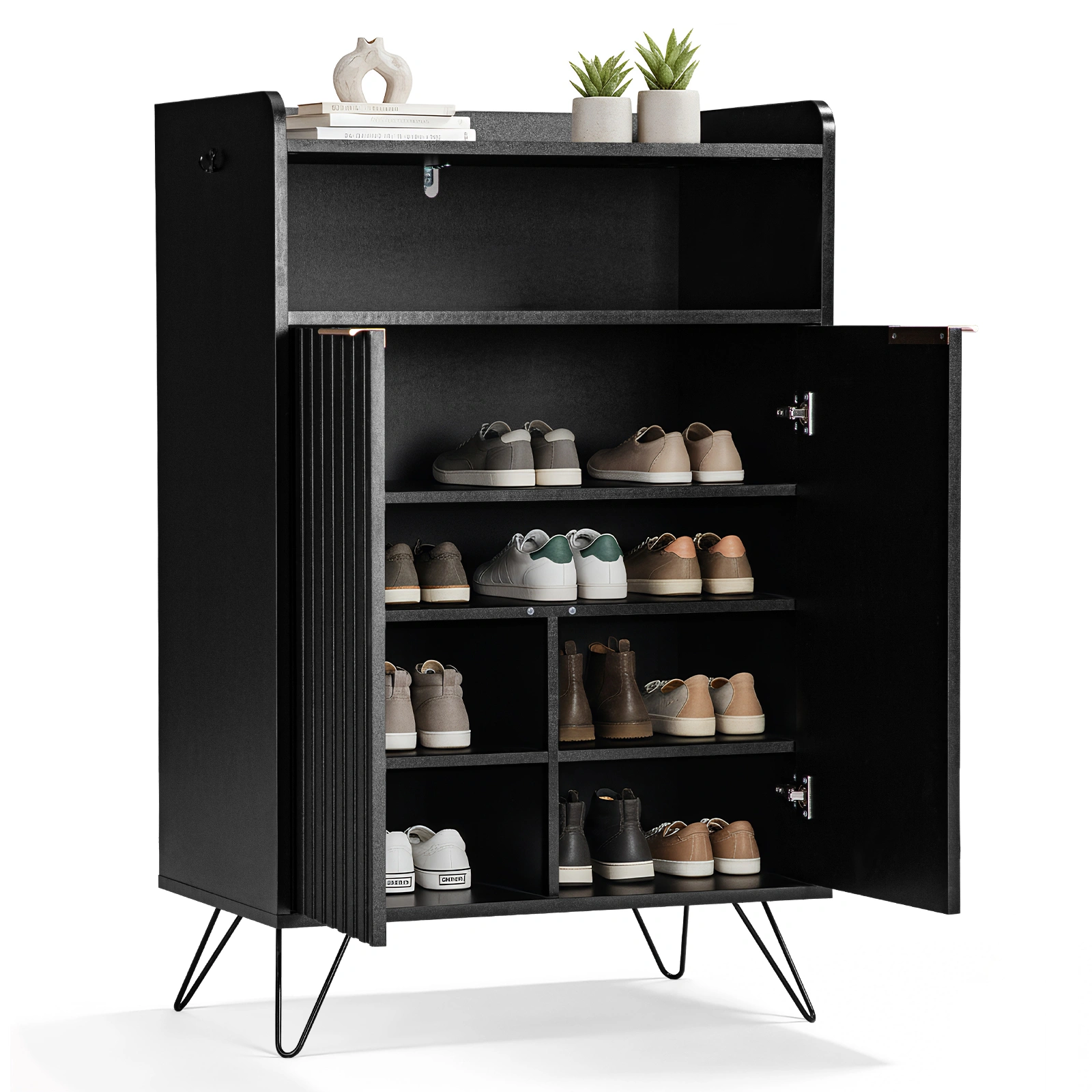 Shoe Cabinet 68x40x106cm Black, 2 Door Slatted Front, Particleboard & MDF, Open Top Compartment with 2 Hooks, Entryway Organizer