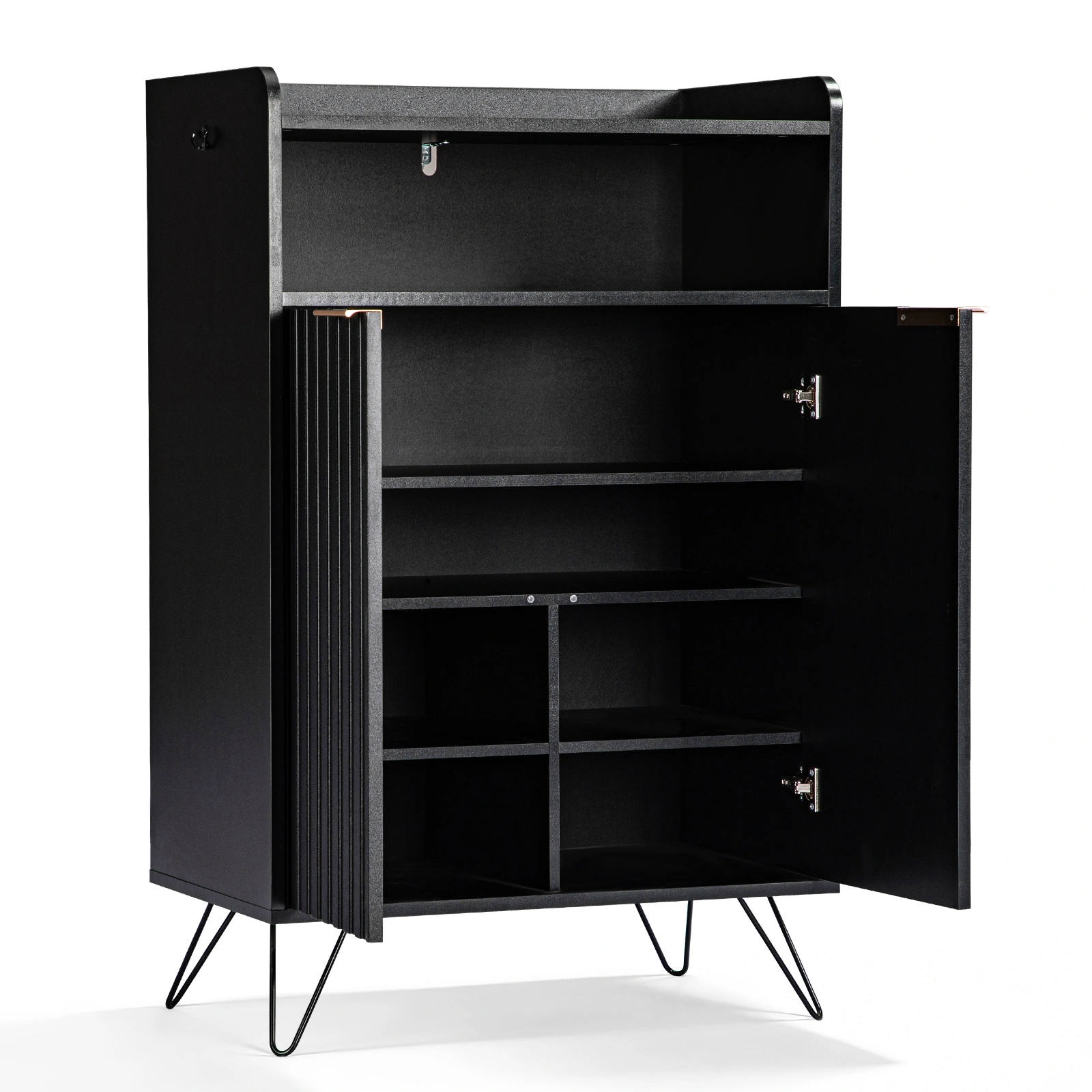 Shoe Cabinet 68x40x106cm Black, 2 Door Slatted Front, Particleboard & MDF, Open Top Compartment with 2 Hooks, Entryway Organizer view 2