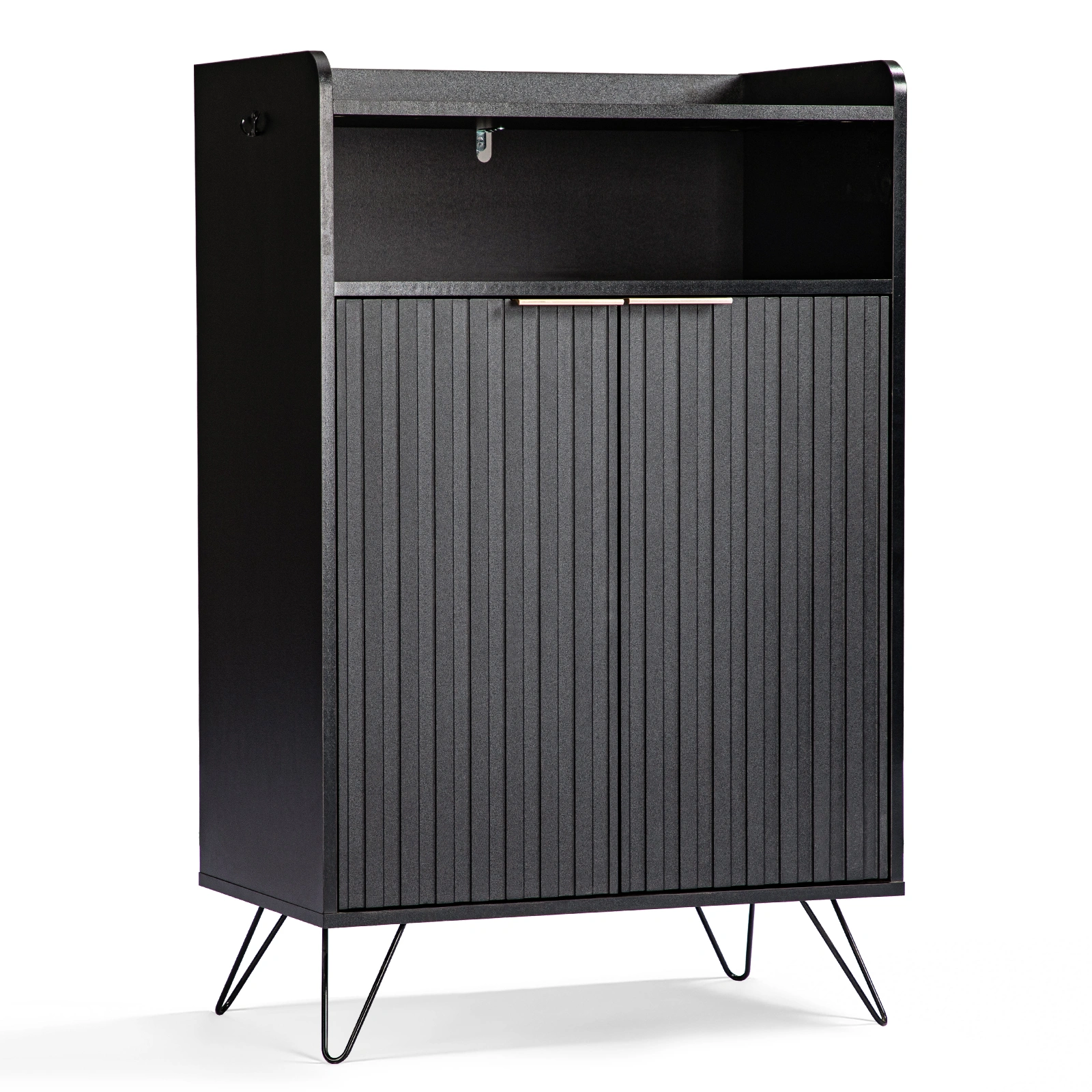 Shoe Cabinet 68x40x106cm Black, 2 Door Slatted Front, Particleboard & MDF, Open Top Compartment with 2 Hooks, Entryway Organizer view 3